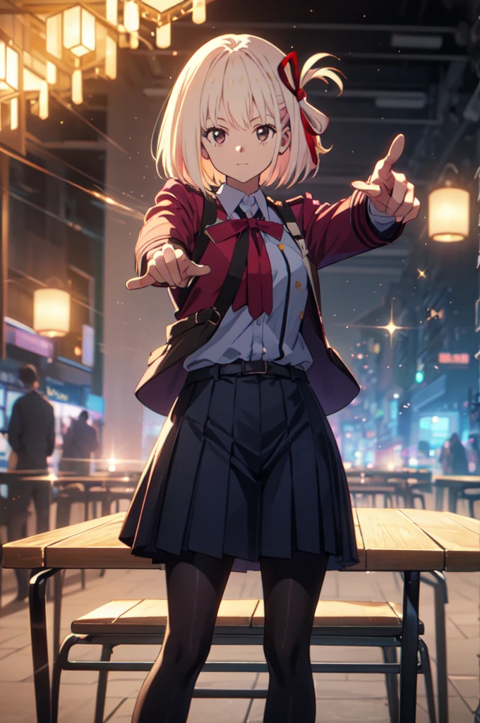 full body, pointing gun, gun action, at the audience, detailed five-fingered hand, holding a handgun, hundgun action, Chisato Nishikigi, lycoris uniform and sparkling background, highest quality,((highest quality)),((table top)),((perfect face)), detailed５two-fingered hand,1 girl and city background, ((holographic)), (stripes of light), impressive visuals, Like the cover of a movie, (dynamic streak, path of light:1.2), bright colors, and face up,dynamic pose,