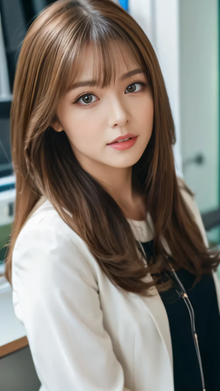 Best quality, 8k, ,Masterpiece :1.3)), facing viewer,((full body1.2)) ,pretty woman, wide shot ,1girl, , selfie , Office,, , brown hair , bangs,ultra-detailed face, highly detailed lips, detailed eyes, double eyelid