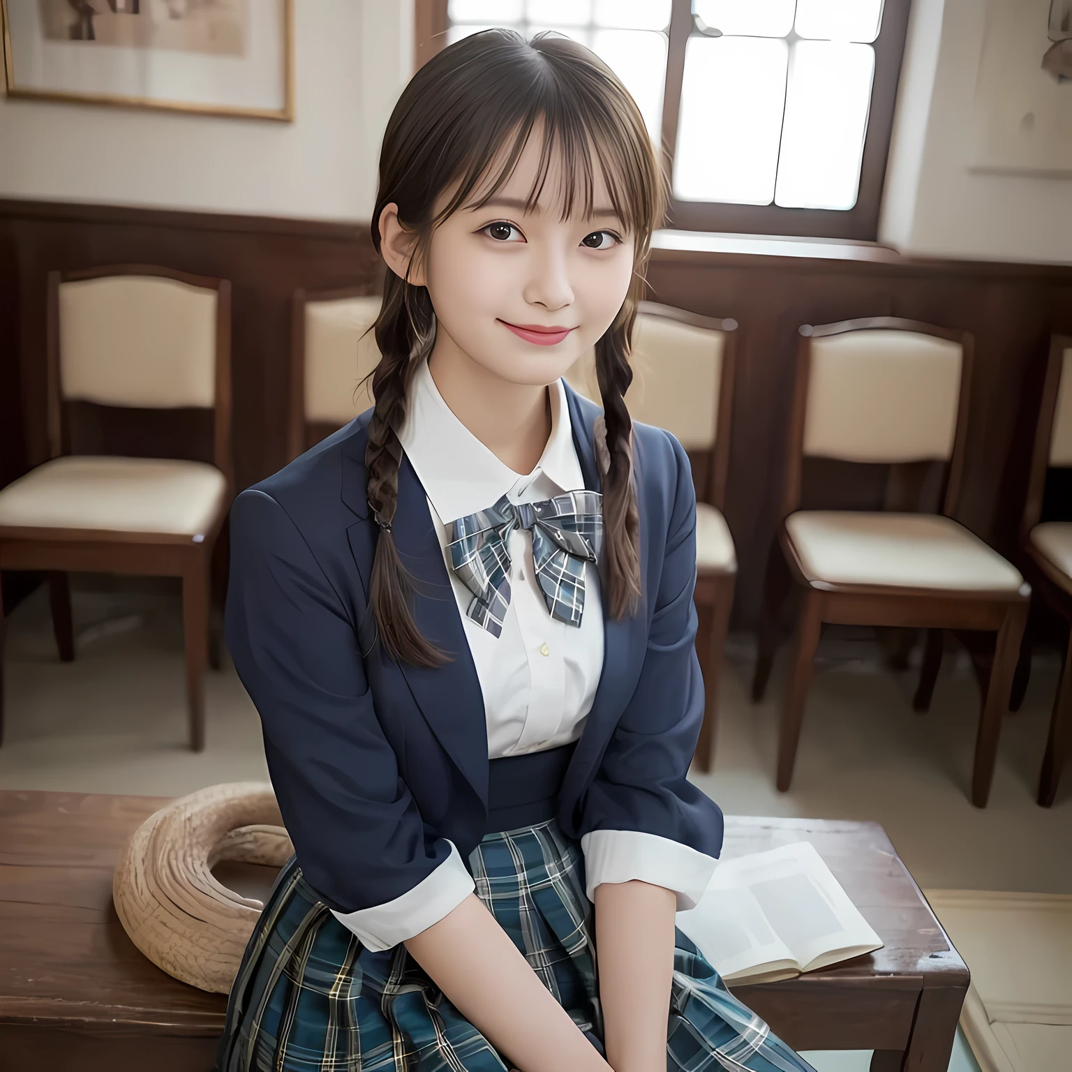 (highest quality、masterpiece:1.2)、highest quality、realistic、photograph、High resolution、1080p、8K、Pale, rough skin、The face is especially pale., physical rendering、((Height: 155cm)), one Japanese girl、A siren who looks like a Japanese junior high school student sitting in a music room、cute japanese girl, 14 years old, , (((big very detailed beautiful dark brown eyes))), ((blue girly large wine-red glossy polyester Japanese school ribbon bow tie)), ((((very beautiful black long braids hair)))), ((((deep blue colored tartan checkered formal long pleated pleated skirt)))), ((A formal dark blue blazer that is slightly oversized and has an emblem on the left chest.)), (((Looking at the viewers with loving eyes, smiling))), ((((((Very happy)))))), mouth is open, The big skirt is very cute, detailed fingers, Slender body, ((curled bangs)), so beautiful, long eyelashes, ((Very big and very very very cute eyes of a Japanese girl)), ((large pupils)), double eyelids, The entire skirt is photographed, Very cute face, thin eyebrows, ((drooping eyes)), ((long eyelashes)), ((cute lovely lovely laughing laughing cheeks)), ((The pure white light hits her face from the front, making her skin and eyes shine beautifully.)), (((((Very neat and so beautiful))))), shot from the side, ((idol face)), ((The sun is shining on my cheeks))