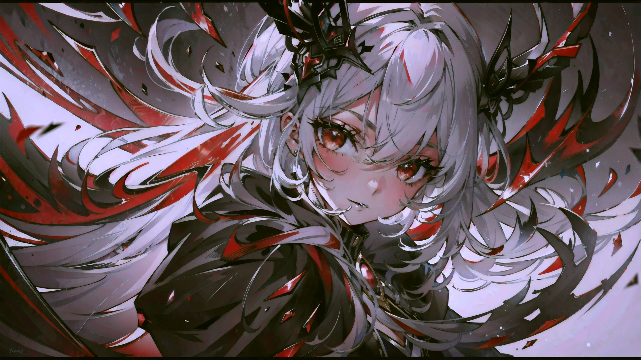 (masterpiece, best quality, ultra-detailed, best shadow), (detailed background, dark fantasy), (beautiful detailed face), high contrast, (best illumination, an extremely delicious and beautiful), ((cinematic light)), colorful, hyper-detailed, dramatic light, intricate details, (1 girl, solo, white hair, sharp face, back hand, low double ponytail, red eyes, hair between eyes, dynamic angle), blood splash, black light swirling around the character, depth of field, black light particles, (broken glass), magic array,