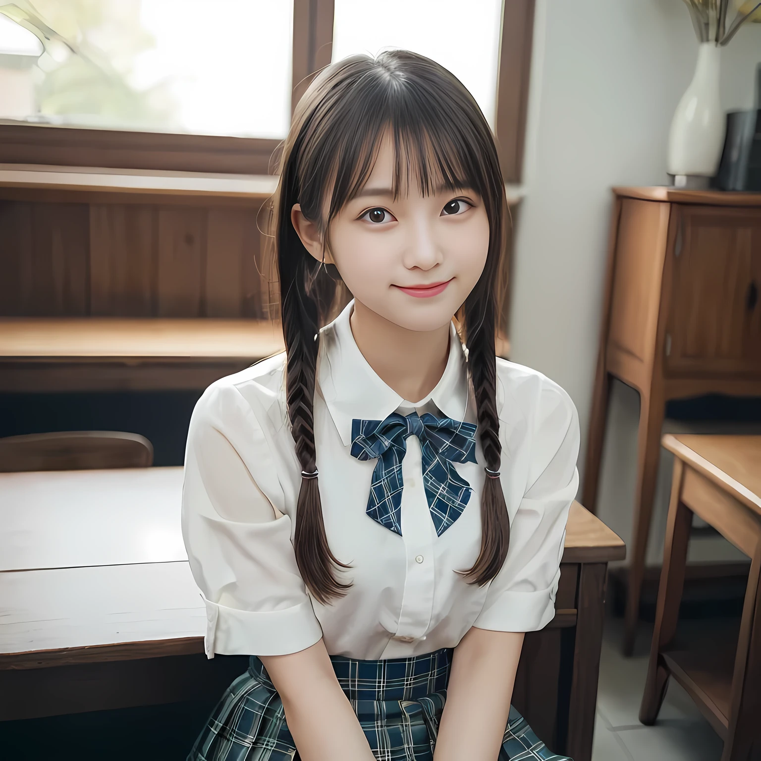 (highest quality、masterpiece:1.2)、highest quality、realistic、photograph、High resolution、1080p、8K、Pale, rough skin、The face is especially pale., physical rendering、((Height: 155cm)), one Japanese girl、A siren who looks like a Japanese junior high school student sitting in a music room、cute japanese girl, ************, , (((big very detailed beautiful dark brown eyes))), ((blue girly large wine-red glossy polyester Japanese school ribbon bow tie)), ((((very beautiful black long braids hair)))), ((((deep blue colored tartan checkered formal long pleated pleated skirt)))), ((A formal dark blue blazer that is slightly oversized and has an emblem on the left chest.)), (((Looking at the viewers with loving eyes, smiling))), ((((((Very happy)))))), mouth is open, The big skirt is very cute, detailed fingers, Slender body, ((curled bangs)), so beautiful, long eyelashes, ((Very big and very very very cute eyes of a Japanese girl)), ((large pupils)), double eyelids, The entire skirt is photographed, Very cute face, thin eyebrows, ((drooping eyes)), ((long eyelashes)), ((cute lovely lovely laughing laughing cheeks)), ((The pure white light hits her face from the front, making her skin and eyes shine beautifully.)), (((((Very neat and so beautiful))))), shot from the side, ((idol face)), ((The sun is shining on my cheeks))