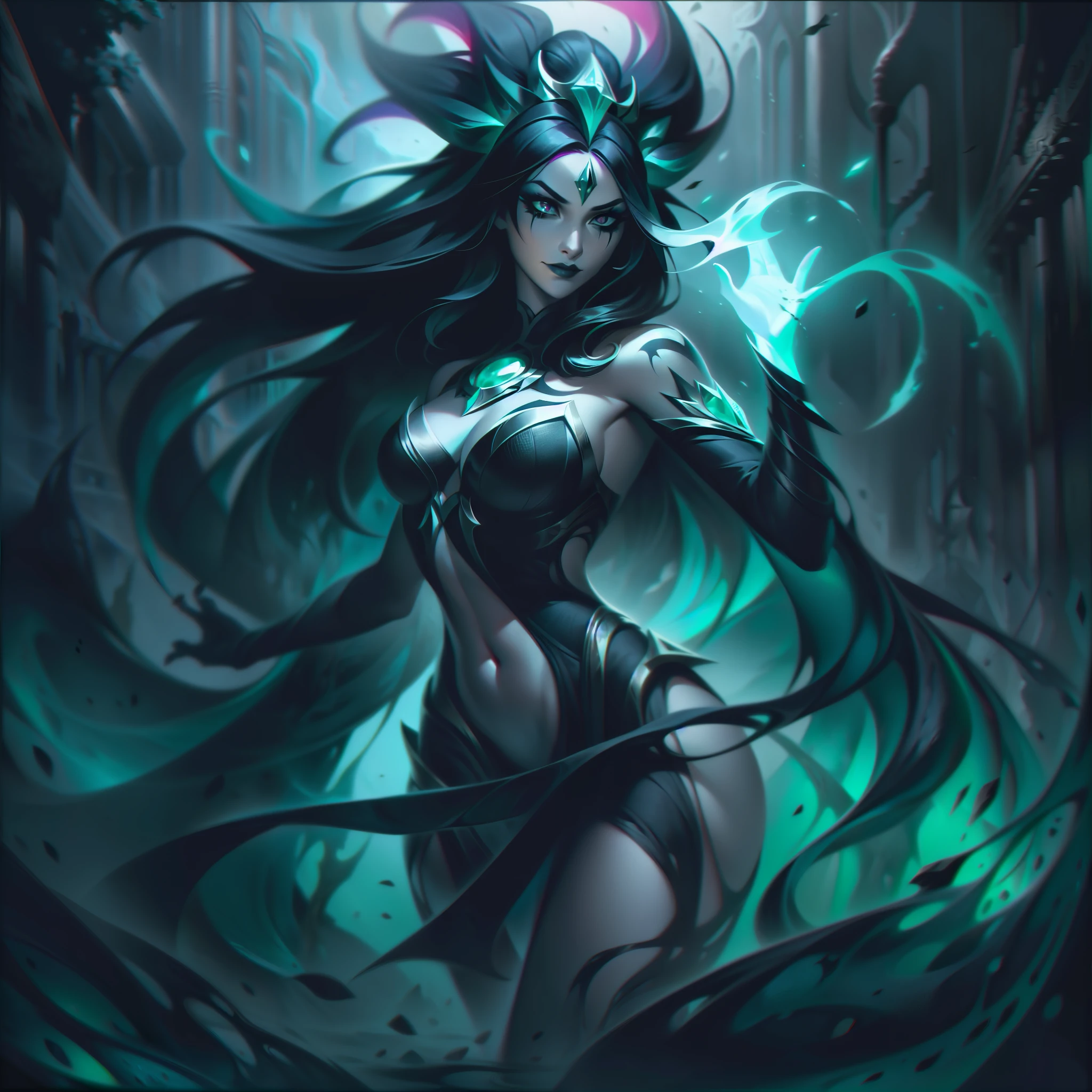 Katarina from League of Legends, is depicted in her splashart amidst a mysterious and dark environment, representing her deep connection to chaos. The scene unfolds in an ancient temple, where eroded stone pillars and twisted algae intertwine around it. She is an elegant and enigmatic figure, with long black hair flowing like water currents around her body. Her skin is pale, almost translucent, and has a subtle glow, reflecting the luminescence of chaos. She is dressed in a belly dancer and partically nude. She is surrounded by black, churning smone that rise around it, looking almost alive. Her eyes are deep and mesmerizing, a dark blue hue that seems to absorb light. They glow with a sinister aura, conveying the dark and mysterious essence of her. Her expression is serene, but at the same time carries an air of defiance, revealing his ambiguous and controlling personality. In the background of the splashart, you can see ancient statues submerged, covered in moss and enigmatic aquatic symbols. The color palette is dominated by deep shades of green and black, with the water of chaos radiating a mysterious luminosity. Details in purple and dark green stand out, adding a dark and sinister atmosphere, splashart, body lines, vibrant colors, exquisite details, cinematic, artstation, detailed face, detailed eyes, goth makeup, black lipstick, black eyeliner, huge butt facing the camera, by rossdraws, by Kienan Lafferty