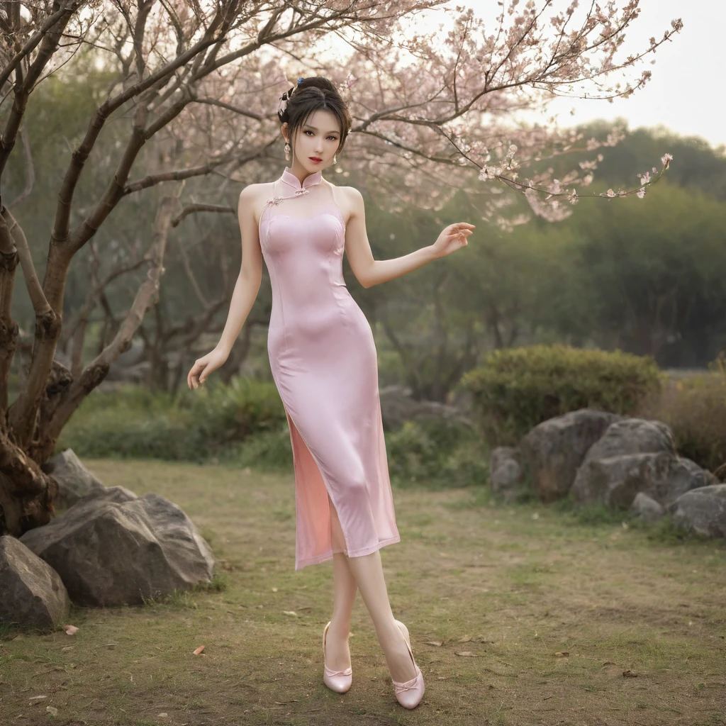 raw photo, realistic, chunli wears thin wet transparent pink qipao, light smile, (extreme detailed face, detailed skin), slim body, tight waist, thin thighs, thin legs, huge round breasts, pearl earrings, double hair bun, silk bandeau, thin wet stockings, silk shoes, show thighs, show feet, full body shot, kungfu pose in garden, blooming plum trees, bamboos, soft lights on face, dusk, windy, warm tone.