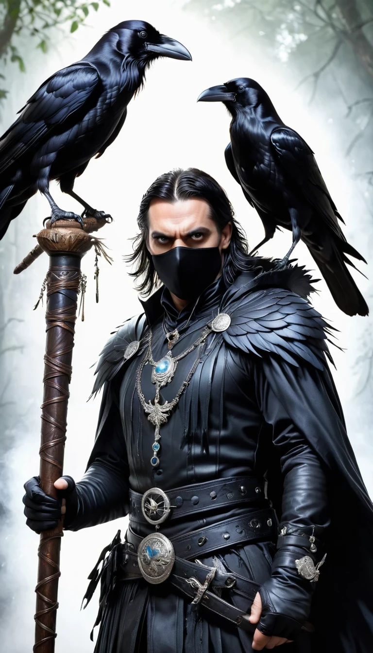 Angry magicians,Raven Magician,Crow feather clothing,Raven Staff,Magical crow magic,Powerful magical energy