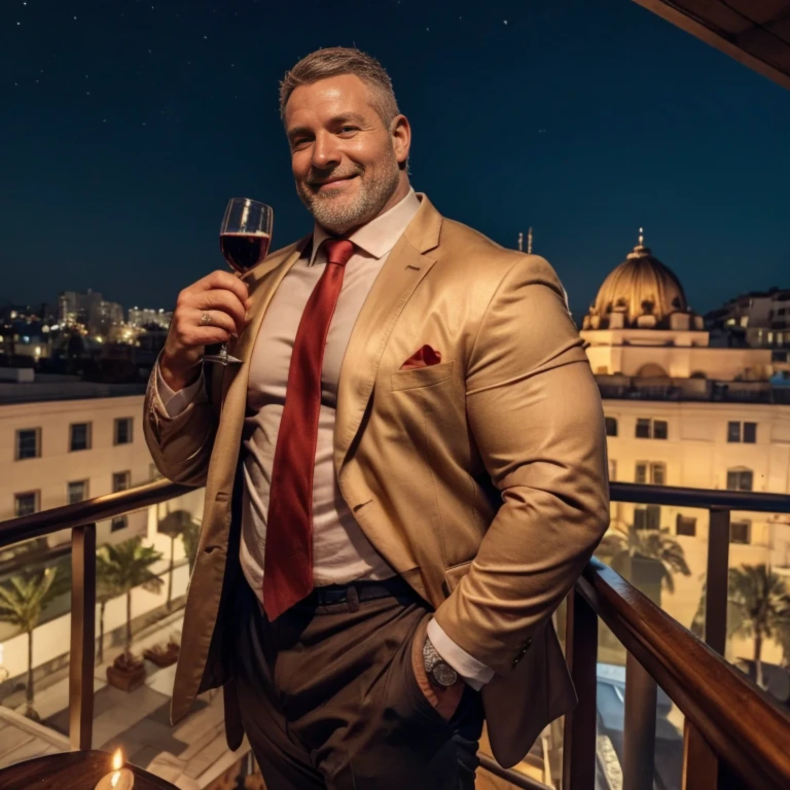 brown hair, middle-aged man, individual, male, Muscular, wild fat uncle, 39 year old, short hair, full body portrait, facial hair, middle-aged man, pectoral muscles, Fine hands, slightly smile, Untied RED Ties , (fully open chest :1.2), suit pants, holding a wine glass , balcony with a night city view, 16k, super detail, shallowfocus style,