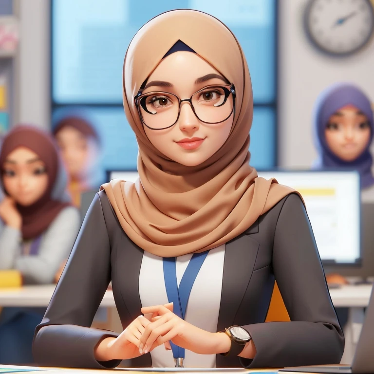 there is a woman wearing a hijab sitting at a desk, for hire 3d artist, inspired by Maryam Hashemi, professional character designer, ameera al-taweel, cartoon style illustration, detailed scene, faridah malik, 3 d render stylized, 2020 video game screenshot, 3 d character render, digital character illustration, 3 d character art