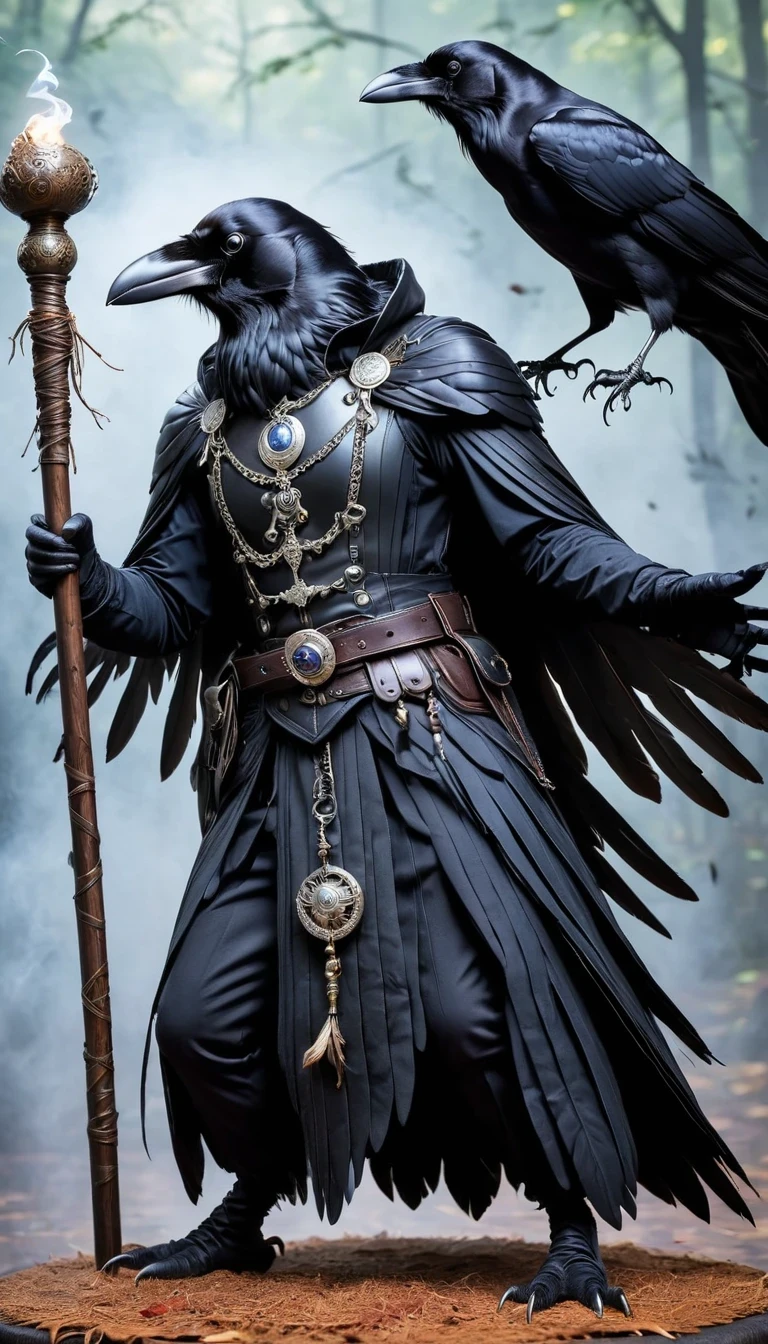 Angry magicians,Raven Magician,Crow feather clothing,Raven Staff,Magical crow magic,Powerful magical energy