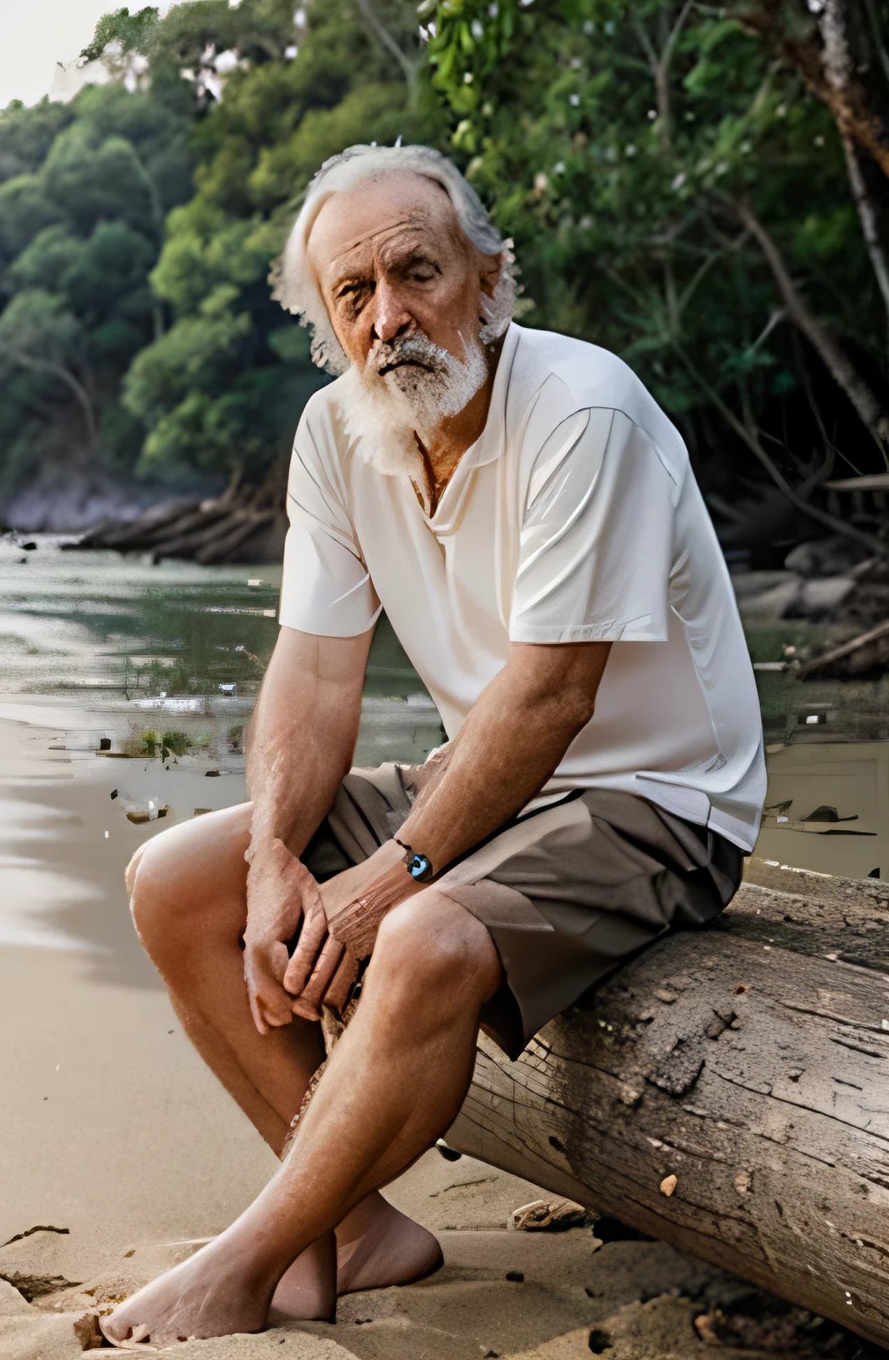 A deep thinking old male philosopher sitting on a log on a beach while looking straight at the camera