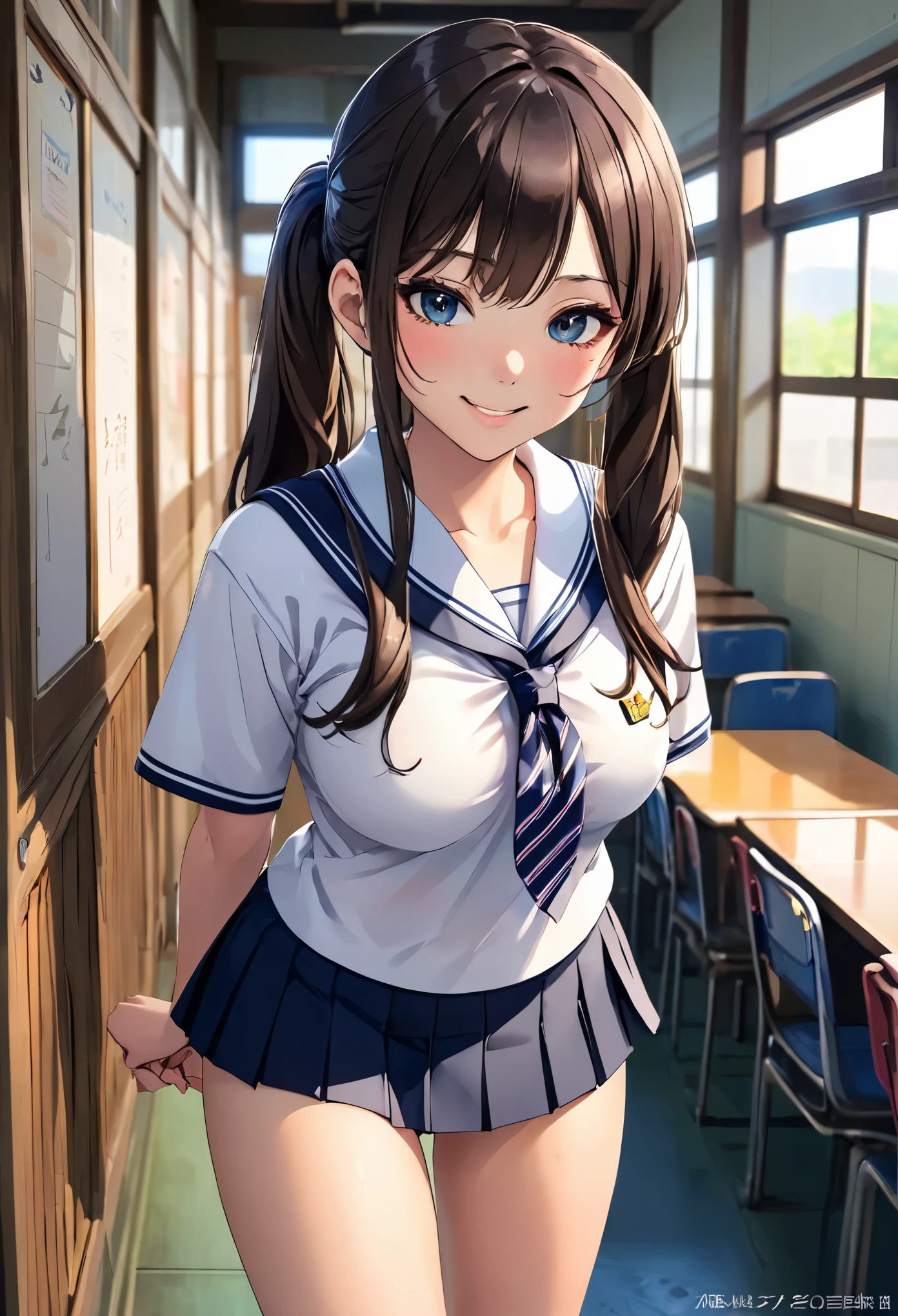 ((Japanese high school uniform)),Wear a short pleated skirt 、Silk panties sticking out、panty shot、focus on panties、Soft skin、ponytail, japanese girl, 8K, huge breasts,full body shot、 highest quality, masterpiece, realistic, Photorealistic super detail, one girl, cute, best smile, beautiful eyes, long hair, perfect face,full body shot