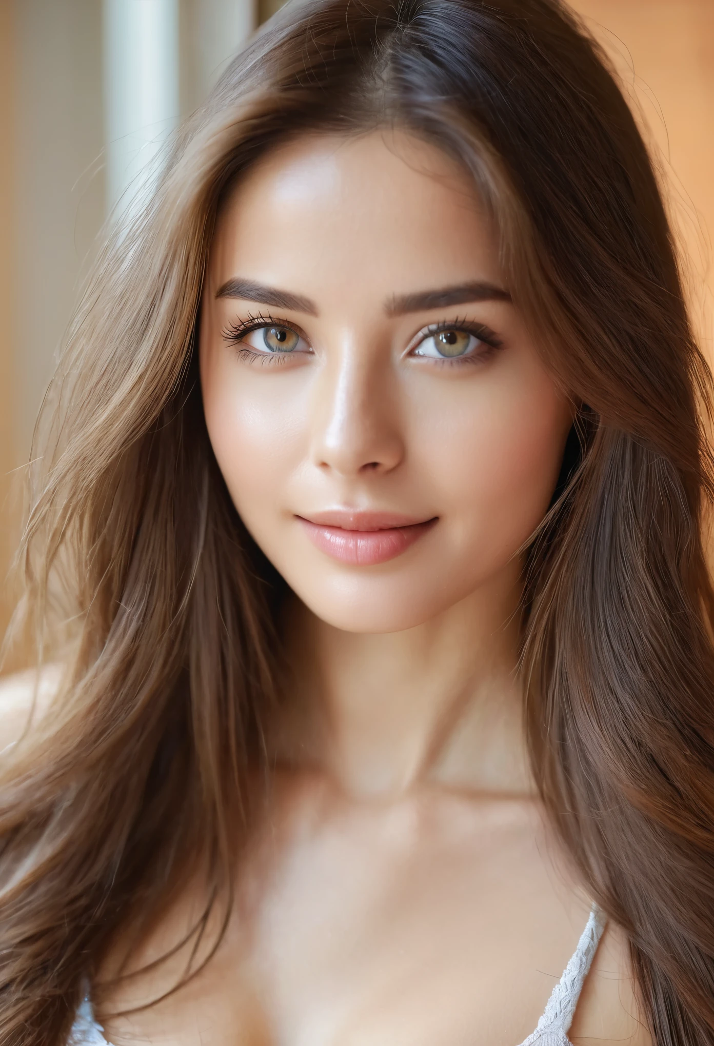 a beautiful woman, symmetric eyes, young, pretty face, 36C cup, long hair, light smile, natural skin, 