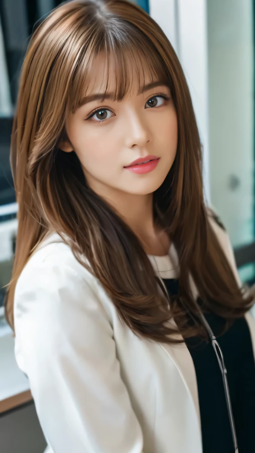 Best quality, 8k, ,Masterpiece :1.3)), facing viewer,((full body1.2)) ,pretty woman, wide shot ,1girl, , selfie , Office,, , brown hair , bangs,ultra-detailed face, highly detailed lips, detailed eyes, double eyelid