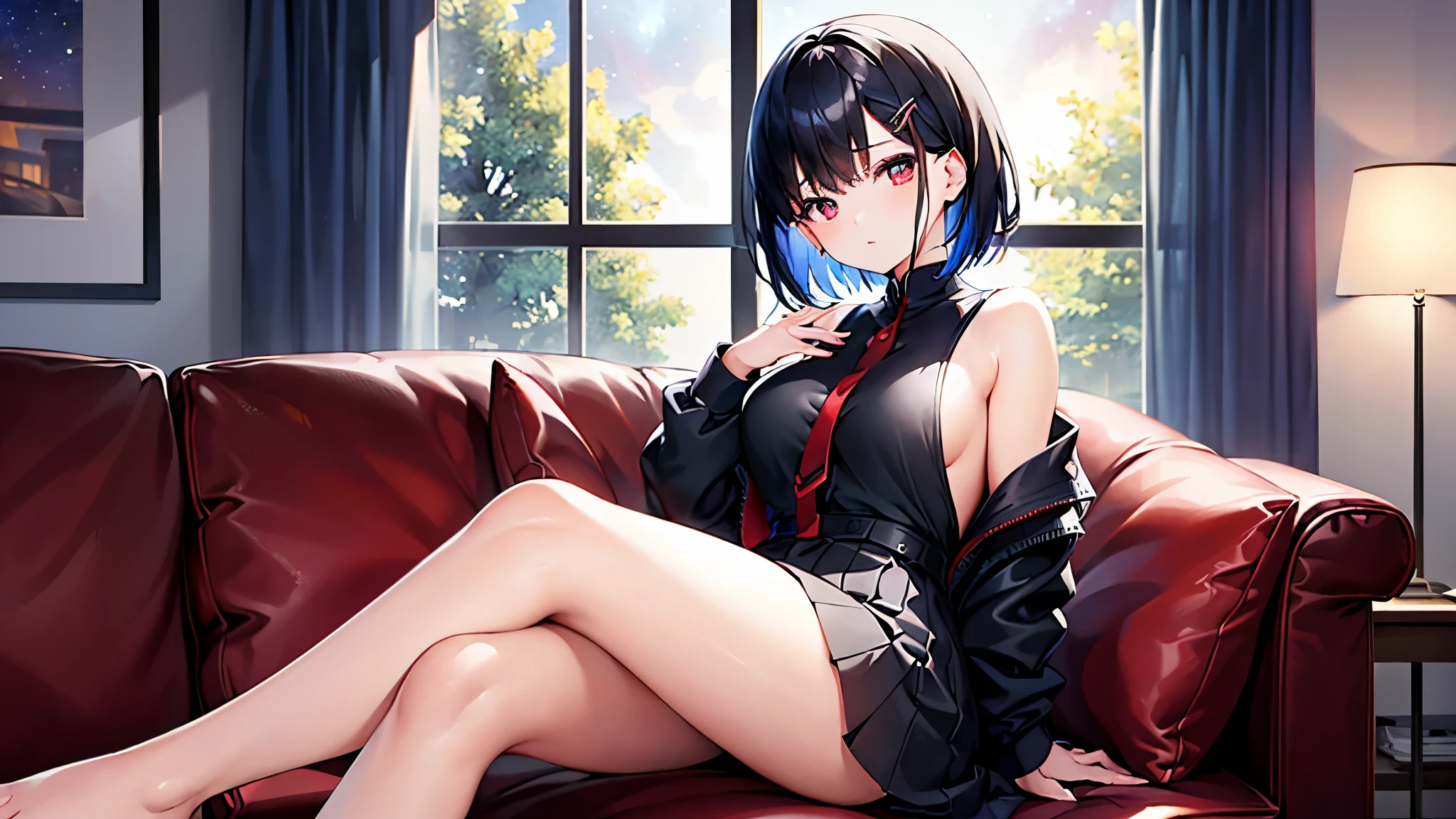((one woman))、NFSW、masterpiece、Highest image quality、ultra high resolution、Medium-sized elementary school girl、red and large eyes,、Black hair medium shorthair、The inside of the hair has blue coloring.、Two red hairpins、((Outside the window is a starry sky))、sitting on the sofa、seductive pose、poses that invite sex、sensual pose