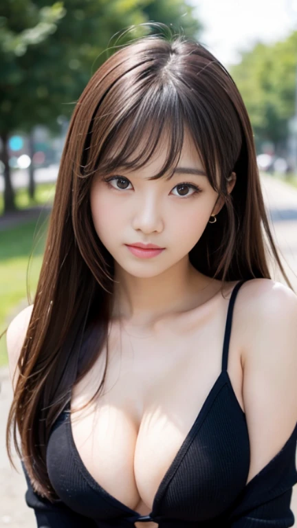 sexy big breasts、Sexy cute looks and cute  beautiful girl, Beautiful and sexy face、The strong wind blows the hair in front of my face、Beautiful blonde with cute long straight hair, Sexy eyes hidden behind long bangs,slightly dark skin,slightly droopy eyes,expose the nipples