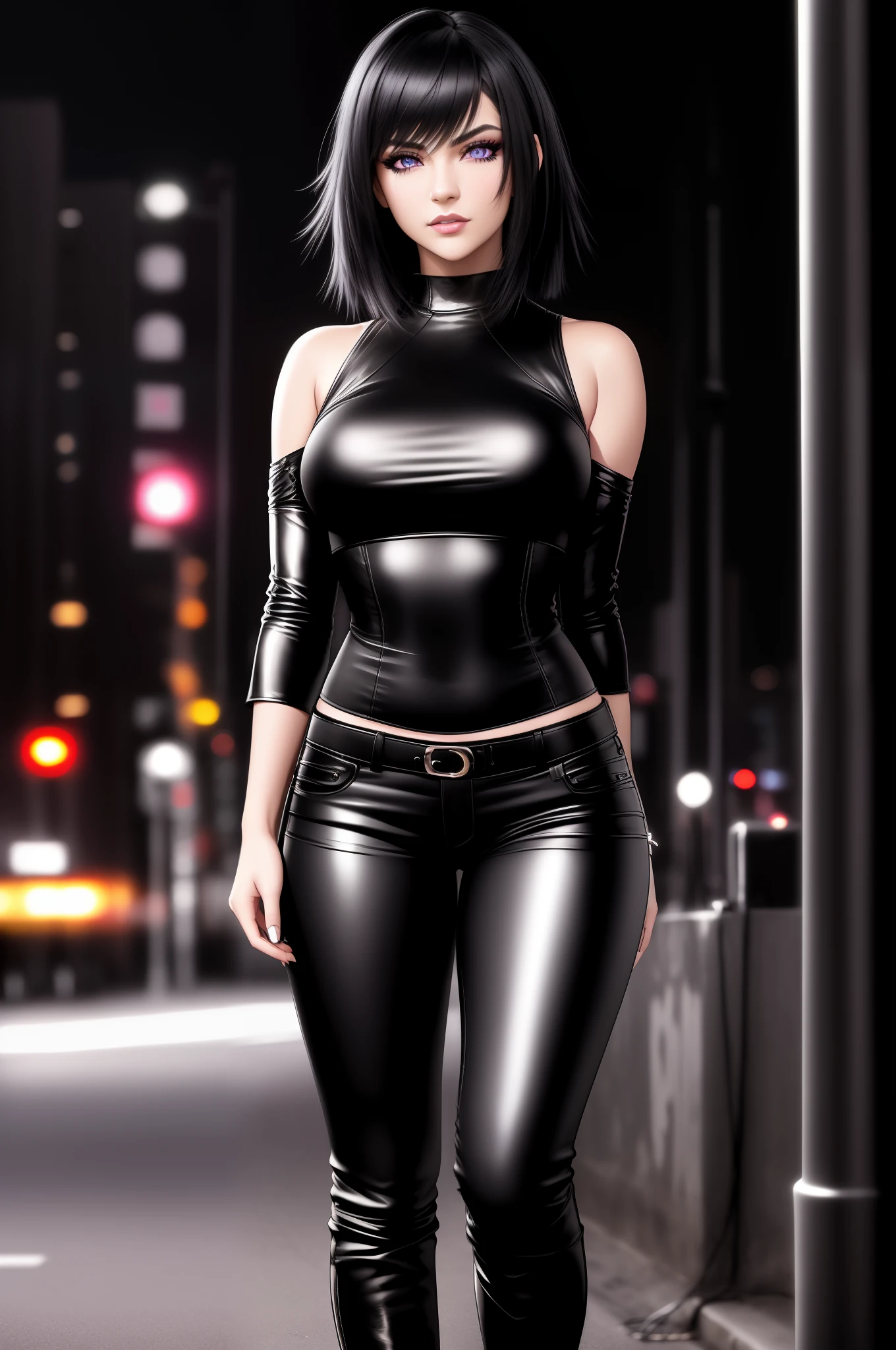 beautiful girl, ((standing:1.4)), (confident gaze:1.1), full body, short bright neon streaked black hair, ((large light realistic highly detailed eyes:1.4)), ((seductive pose:1.2)), black eyeshadow, (street style wear:1.2), ((tight fitted pants)), ((knee high leather boots)), (dark city night black background:1.4), dark makeup, digital art, trending on artstation, highly detailed, fine detail, intricate, beautiful detailed glow, detailed, Cinematic light, high-res, detailed facial features, sharp focus, smooth, aesthetic,