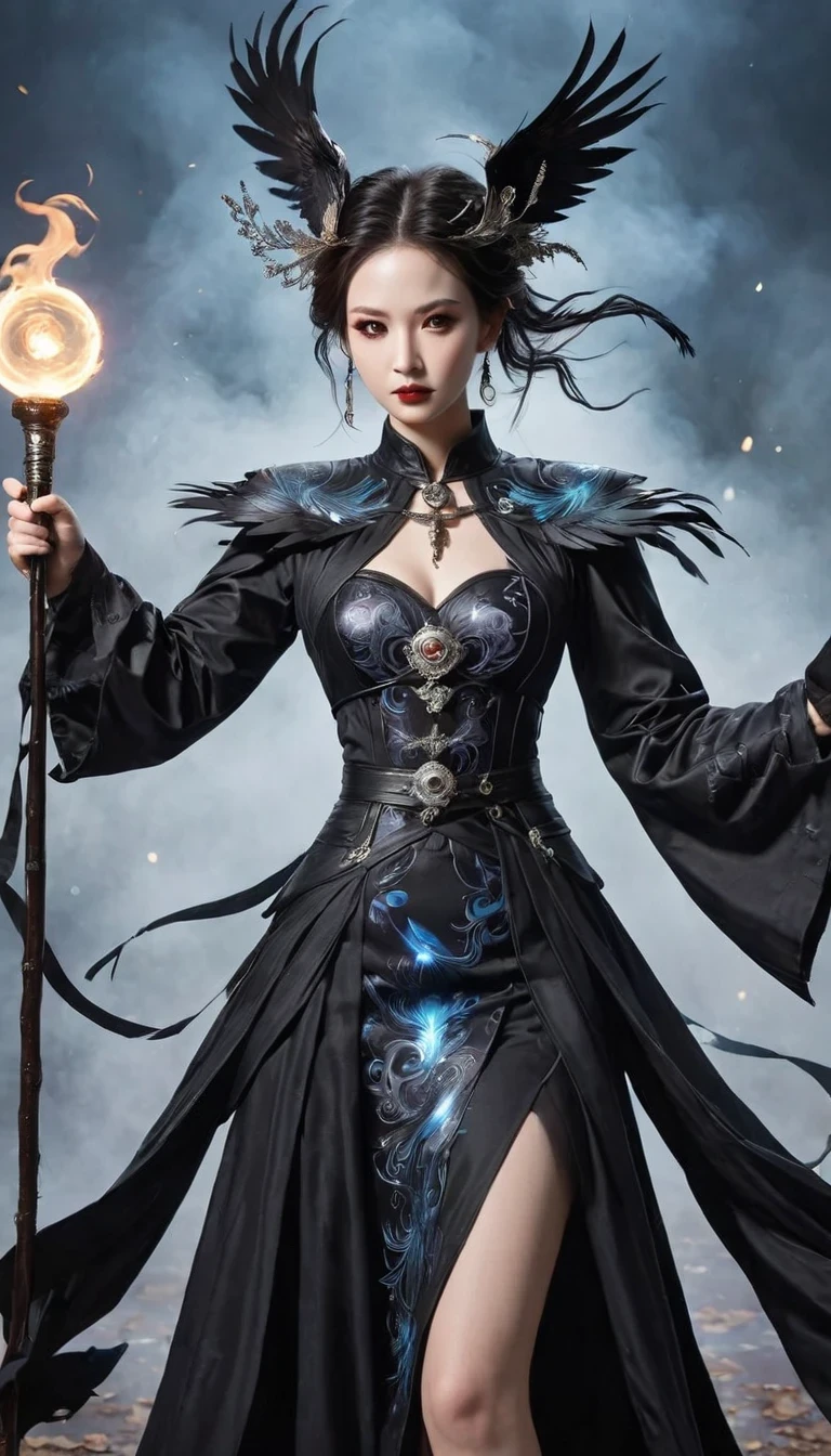 Angry magicians,Raven Magician,Crow feather clothing,Raven Staff,Magical crow magic,Powerful magical energy
