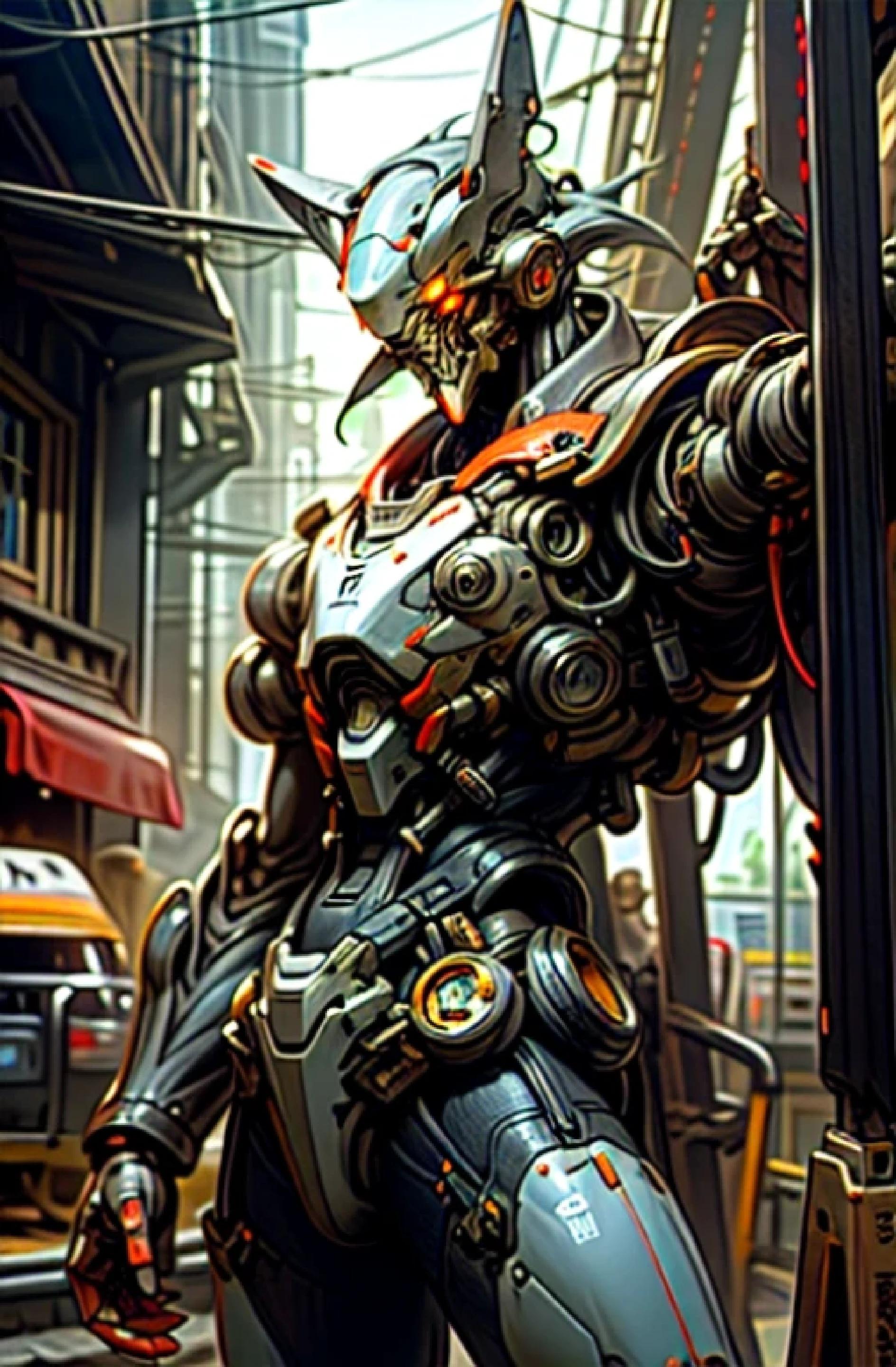 Dark_Fantasy, Cyberpunk, (chain saw, chain saw man, Red: 1.1), 1man, Mechanical marvel, Robotic presence, Cybernetic guardian, wearing shabby mech suits, intricate, (steel metal [rusty]), elegant, clear focus, photographed by Greg Rutkowski, Soft lighting, bright colors, masterpieces, ((street)), cowboy shooting, dynamic pose, (high definition: 1.1), (8k: 1.1)
