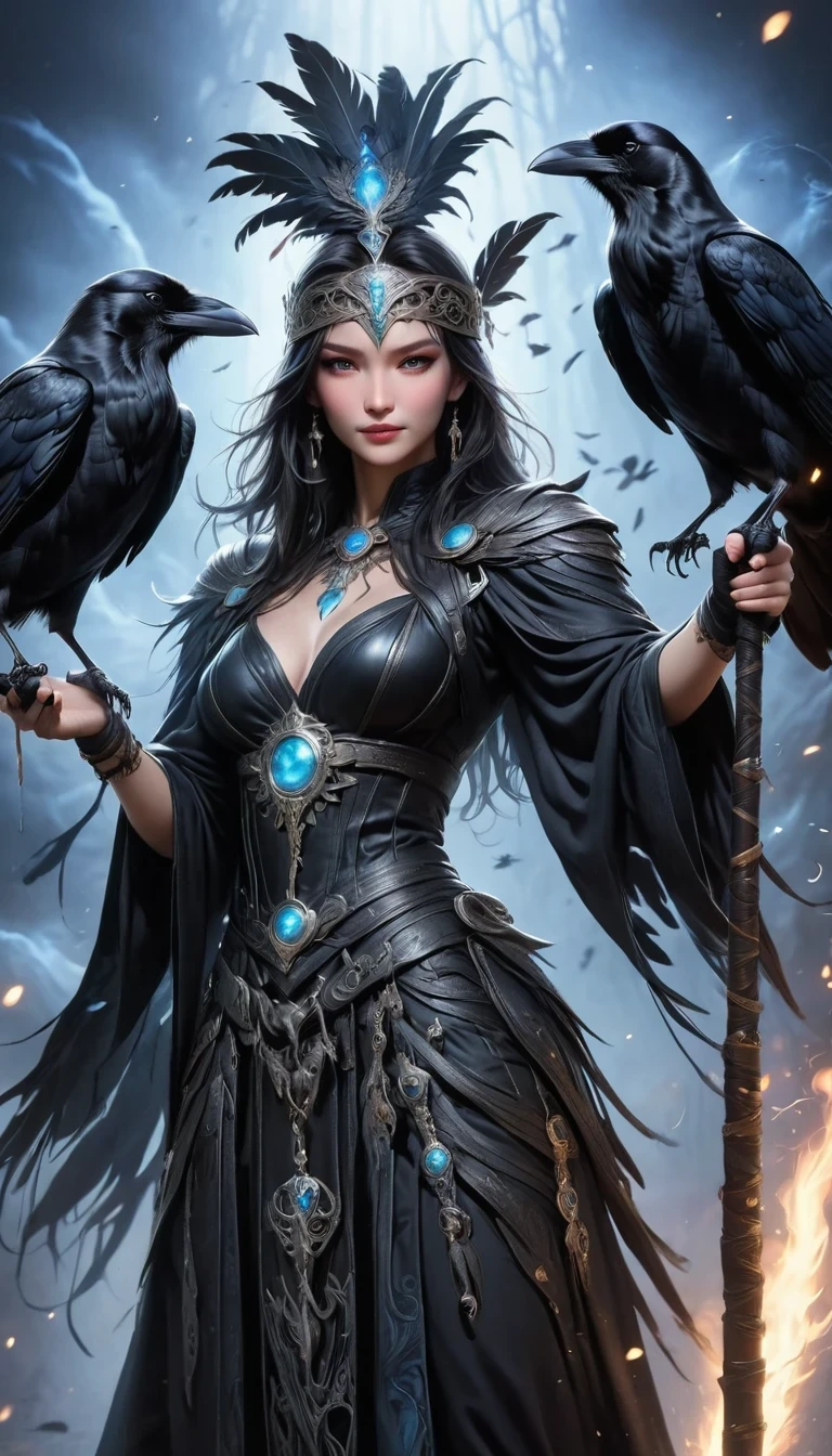 Angry Magician Girl,Raven Magician Girl,Crow Feather Clothing,Raven Staff,Magical Crow Magic,Powerful magical energy、camel toe、huge tit、Nipple Puffs、cleavage、Plump、Super big breasts、super big butt、reign、Rear Palace Crow