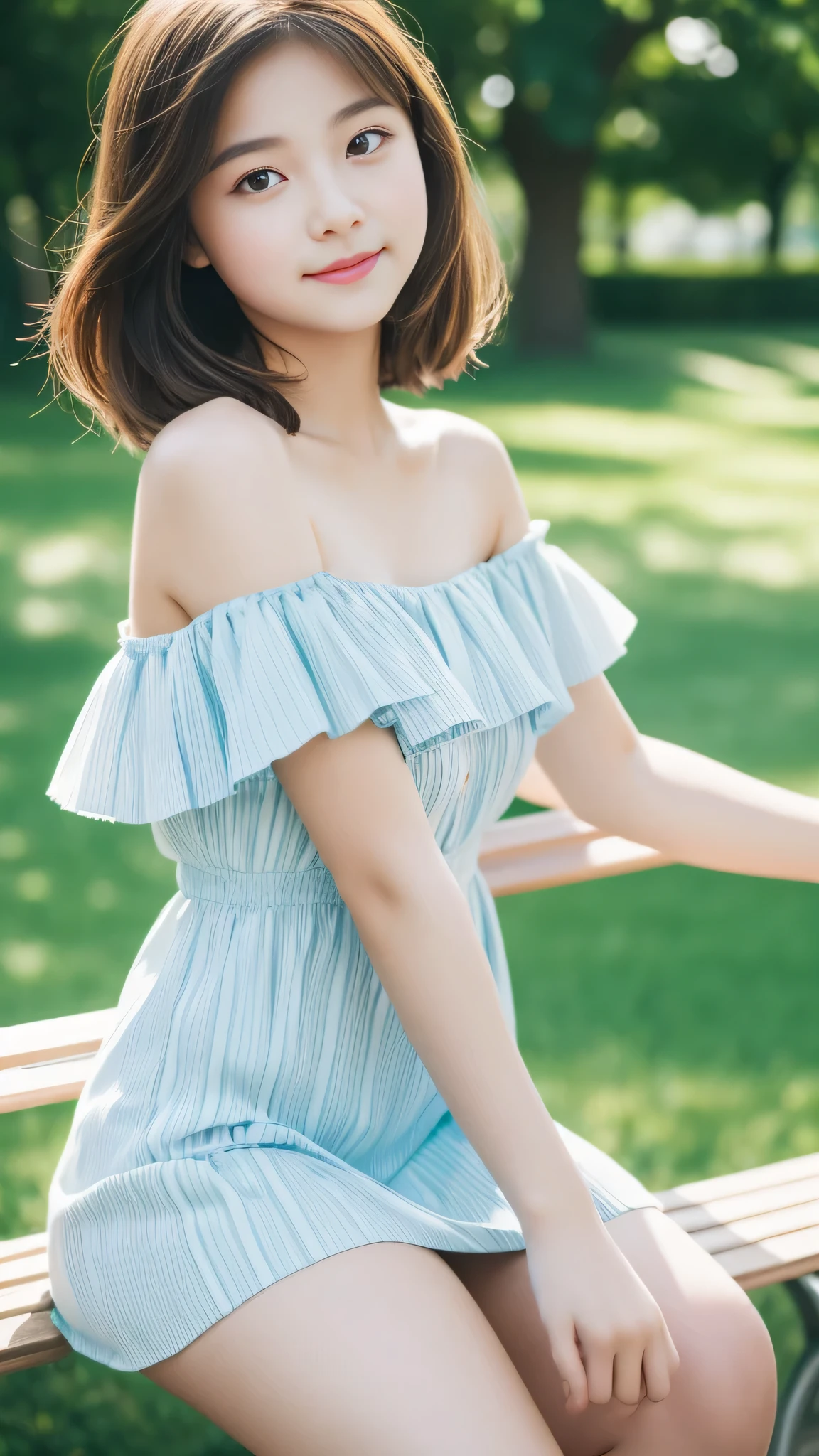 European  girl、sitting on a park bench、background blur、Super high quality、sunlight、Off-the-shoulder short dress、Lifting hair、Fair-skinned beautiful girl