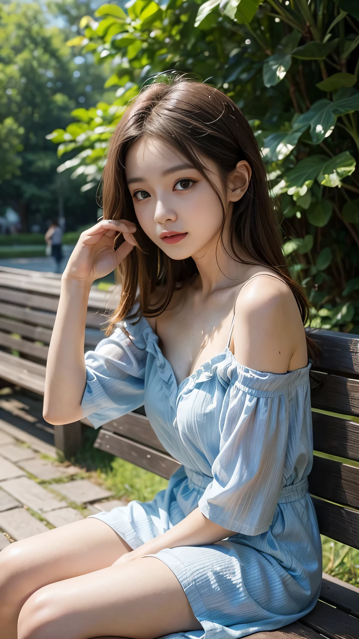 Caucasian 16 year old girl、sitting on a park bench、background blur、Super high quality、sunlight、Off-the-shoulder short dress、legs open、Fair-skinned beautiful girl、messy long hair、small cleavage、A fleeting look、clear outline