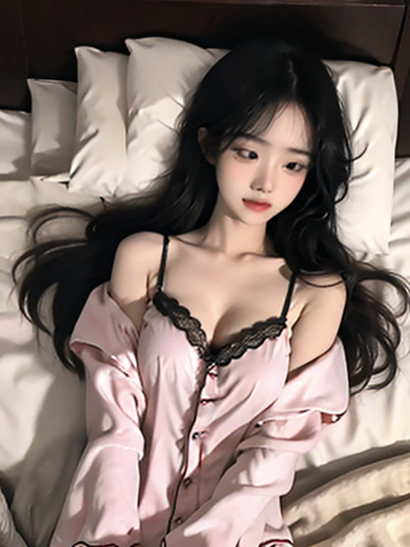 （（masterpiece，best quality）），revelation，Ultra-detailed 8K，realism，Clear focus，a very detailed，professional lighting，colorful detailed，(japanese girl ，20year old girl，Wearing clothes full of pajamas ，long black hair)，In the bedroom ，sleep in bed， closed eyes)，Sleep on your tummy, White lace pantieedium large breasts, E cup breasts:1.1, 1 slim beautiful girl :1.5, Lying in bed, 1 slender beauty :1.5, (highly detailed face and skin texture, highly detailed eyes ),  loli:1.3, pretty face, beauty girl, kawaii 