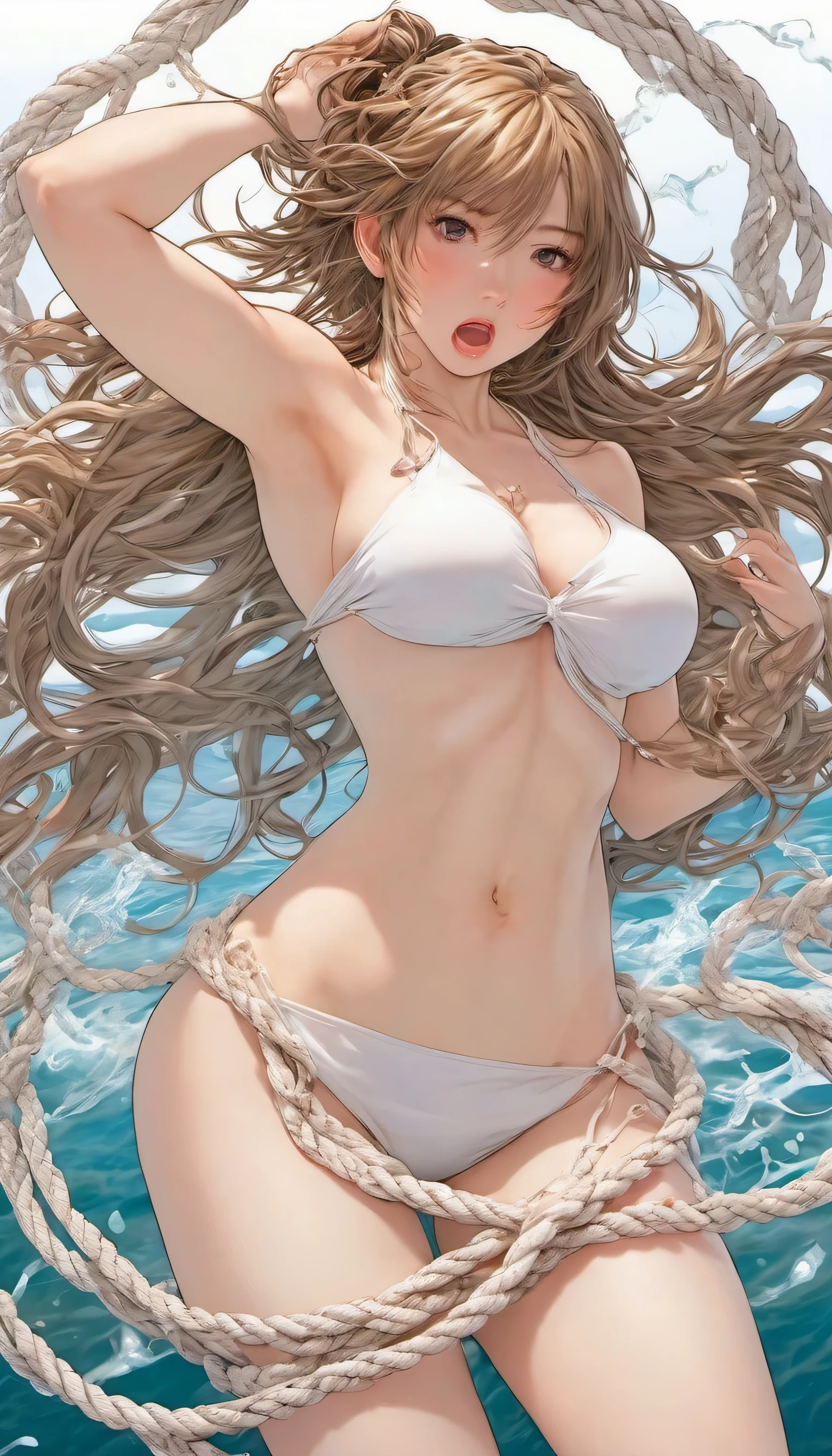 (Highest image quality, realistic depiction),(Body slippery with lotion,sweaty body),a choker,fullnude,(Beautiful nude woman imitating the birth of Venus.,A woman who is tied up with rough ropes and unable to move),Colossal tits,((best character depiction,beautiful nude body)),(Ahegao,saliva trail,Tongue out,)
