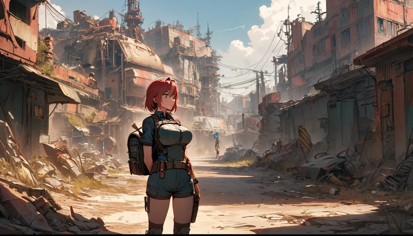 Fallout 3 girl red punk head blue shelter uniform Backpack big breasts satellite map watch post-apocalyptic world full-body shot