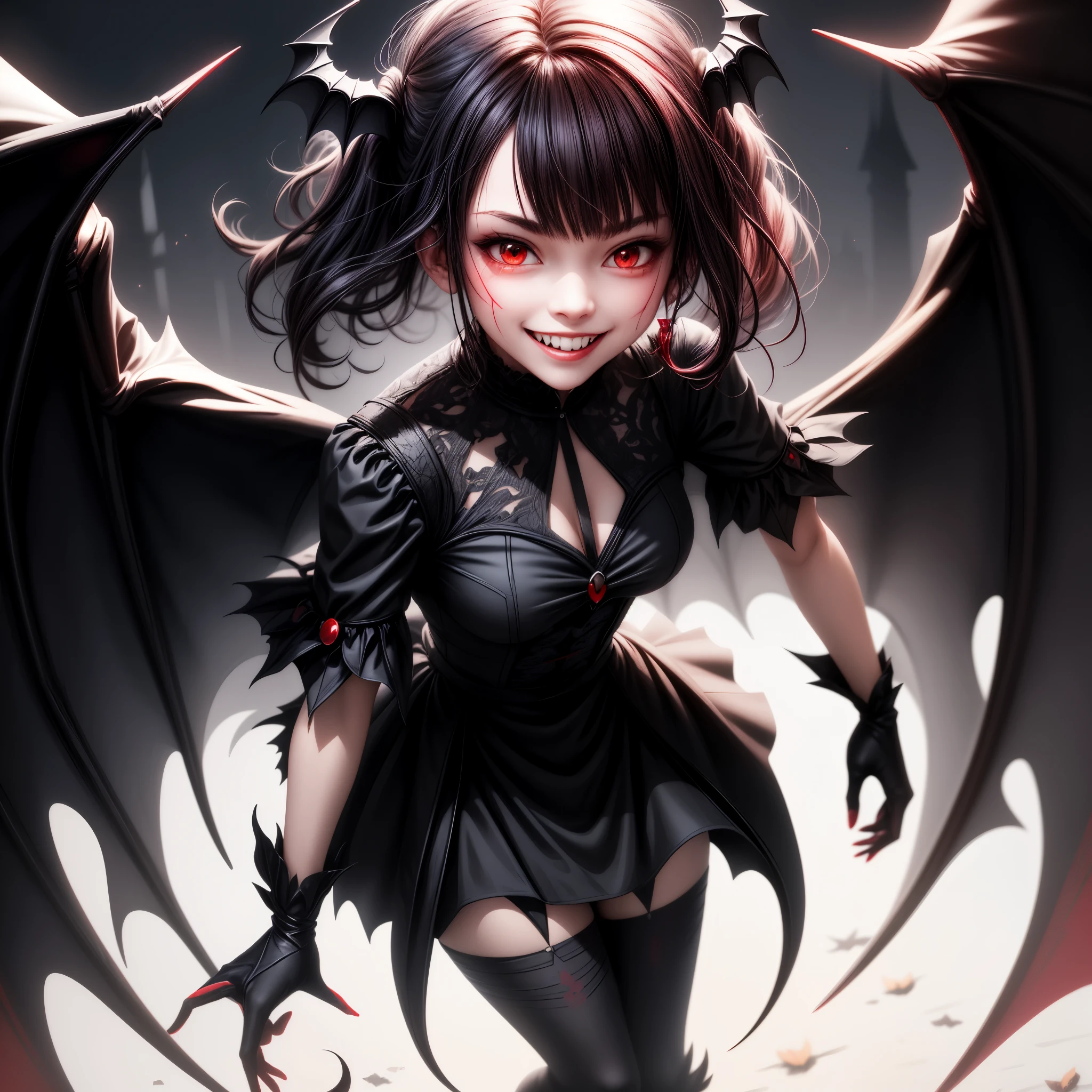 ((masterpiece, Best quality)), young woman, bat wings, night sky, Red Moon, yandere smile, psychopathic smile, blood on the face, Bloody background, evil smile, teeth fangs, Eye symbol| + |, split, 8 k, compressed