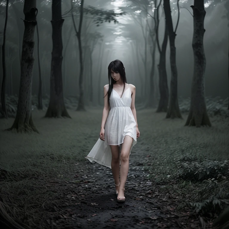 asian girl , wearing white long dress , long messy hair ,, walking through the forest , gloomy background , smokey ground ,, bats flying around , dark vibes ,