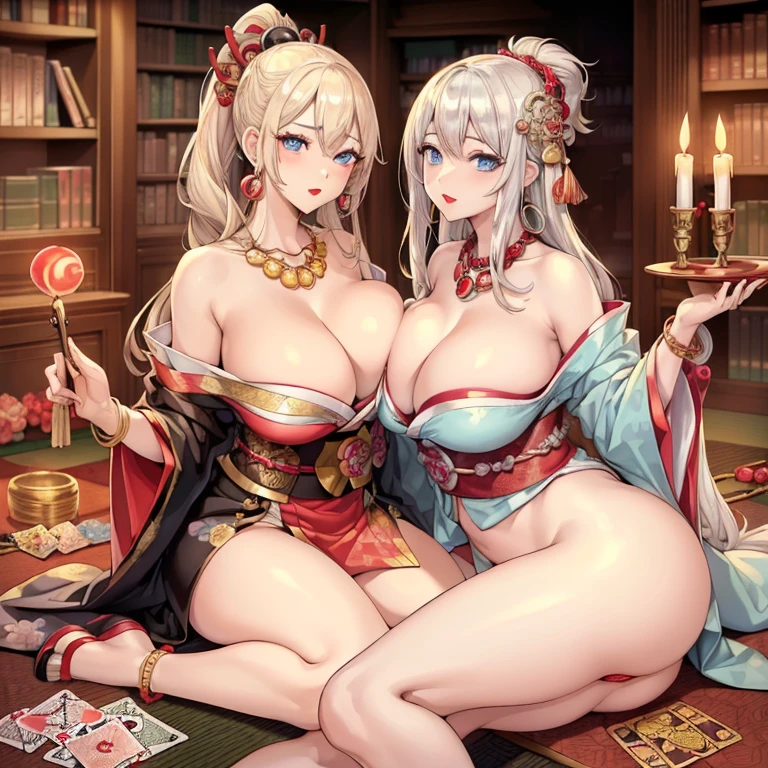 masterpiece, highest quality, (((ソロmature womanジャネット))), (((platinum blonde hair))), long braided ponytail, (((wide hips))), (((light blue eyes))), lip whole, enchanting smile, cleavage, Seated on a wooden throne, (((bookshelf, candle))) sunset, blush, , "beautiful mature face" , 30 years old , mature woman , adult ((An open kimono with intricate golden patterns)), bare shoulders, ((sexual innuendo)), perfect beautiful eyes, fine eyes. thick lips, ((big boobs)), (thick thighs), top down, look down, (((shiny skin))), (((Chubby))), (((crystal ball)), necklace, bracelet, hoop earrings, (((european face))), ((Oiran)), kimono, Boob Plate, heart, Complex, eye shadow, Floral, hairpin, ((lipstick)), compensate, red lips, Sarashi, ((Kiseru)), Hairpin, ((mascara)), (((Tarot cards on the floor)))、camel toe、huge tit、Nipple Puffs、cleavage、Plump、Super big breasts、super big butt、Temptation、lure、Super big breasts、super big butt