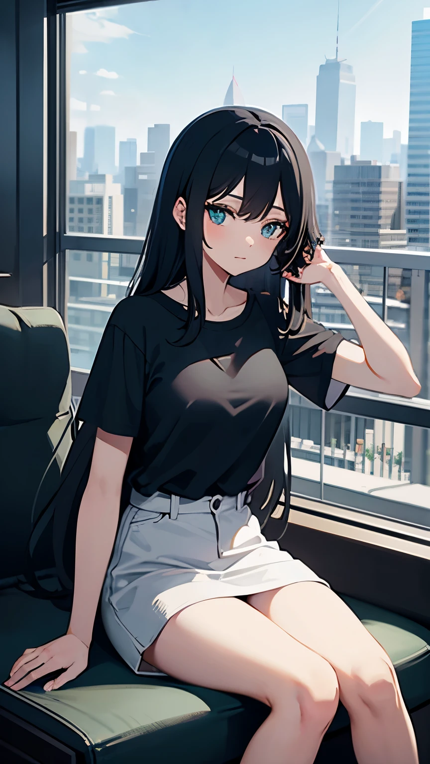 ((Best Quality)), (Ultra-detailed), ((Extremely detailed)), (Beautiful), ((Kawaii Girl)),Medium Hair,Forehead,Dark blue hair,(Wavy Hair),Green eyes,smock blouse,Mini skirt,regular breasts,Airport lobby,One Woman