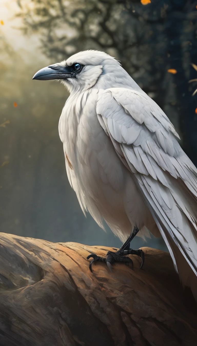 (masterpiece), (best quality), (ultra-detailed),(best shadow:0.4), (best illustration), photorealistic, dramatic lighting, finely detail, powerfull white crow, detailed scenery, close up portrait
