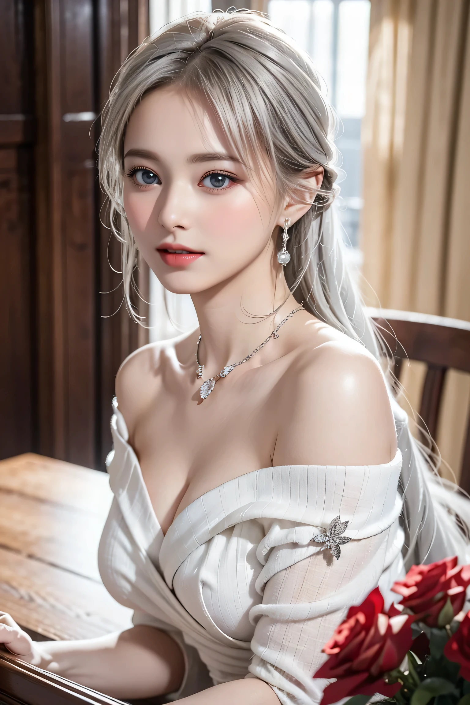 top quality work,Actual work,Ultra Premium Graphics,8K HD CG works,high quality graphics,High-definition CG works,10x pixels,super fine details:1.1,Advanced technical details:1.1Photo-realistic,Indoor Lighting Effects:1.5,Natural light:1.5. light effect(virtual light effect:1.8),超A high resolution,shiny red dress,長いsilver hair,silver hair,transparent hair,high detail hair(premium hair detail:1.1)clear eyes,beautiful double eyelids,sharp eye makeup, delicate eyelash makeup, thin eyebrows, highly detailed eyes,high nose, nice red lips, rose cheeks, A face with delicate makeup , cute face, perfectly proportioned face,(Advanced facial details:1.1),shiny,Summer Sexy Hip Wrap Fishtail Sleeveless Commuter Maxi ,stiletto heels,Beautiful long dress,wonderful dress,bright red series,(off shoulder pure white dress) Dress Collection,dress photo shoot,authentic dress work,At the banquet hall,woman'artwork of,full body figure,Dress goddess,realism,wonderful,My eyes are shining today