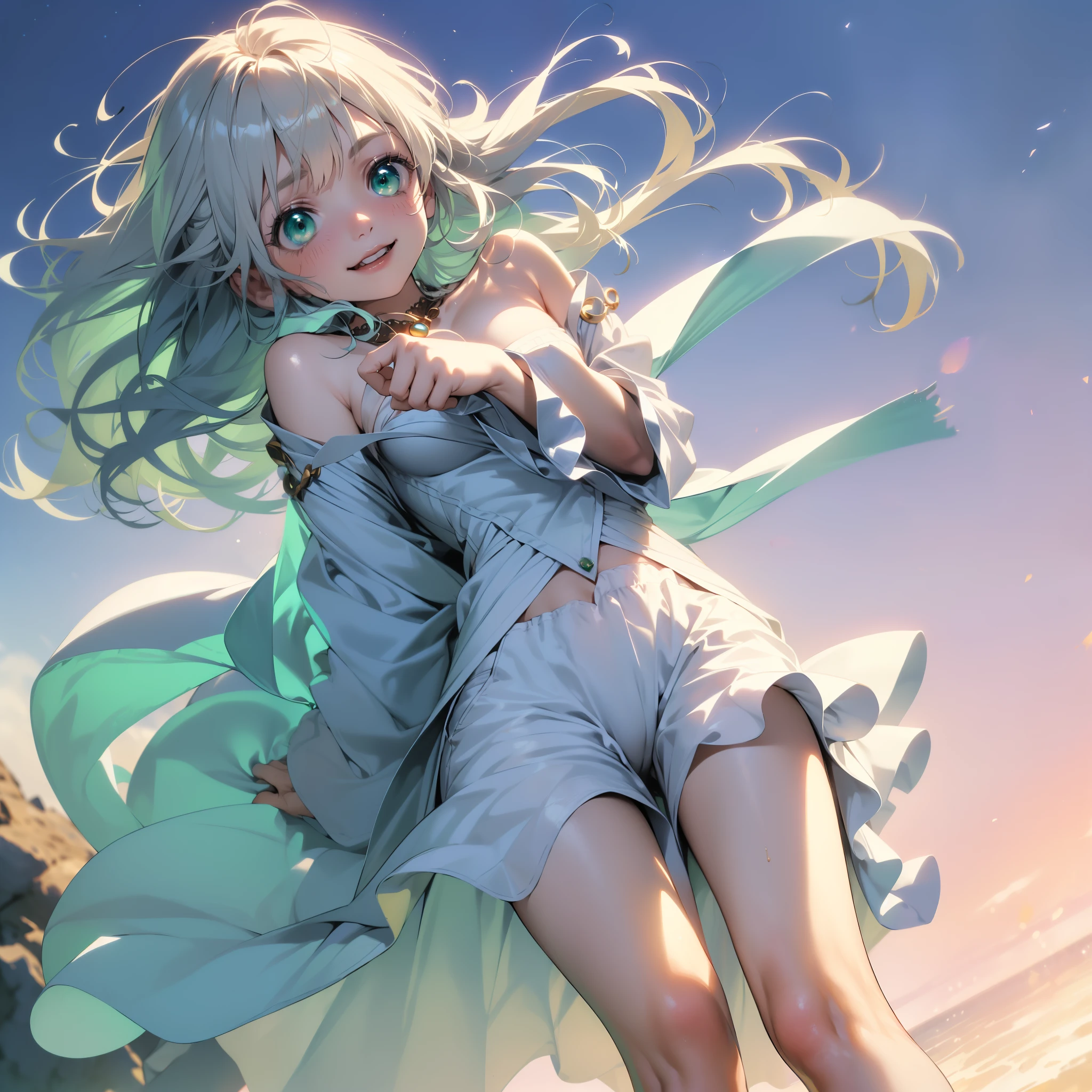 (shiny skin,melancholy look、Super detailed),((1 girl)),(perfect face, detailed face, fine eyes,perfect hands,perfect fingers), (medium breasts:1.2,evil smile:1.4),(mature woman:1.4),cowboy shot,thick,throw, (from below:1.4),short hair, Straight HARE,((白のone piece))、one piece、((8k wallpaper)),bare chest,cleavage, window,chest comes out,transparent clothes、(((white background：1.2)))、Put your arms behind your back、ＥＭPosing for a bust size、(A gust of wind blowing from beneath your feet:1.2)、((Make sure nothing is visible except the person))、((Black long lace)),index, (green eyes:1.5), White hair, long hair, habit