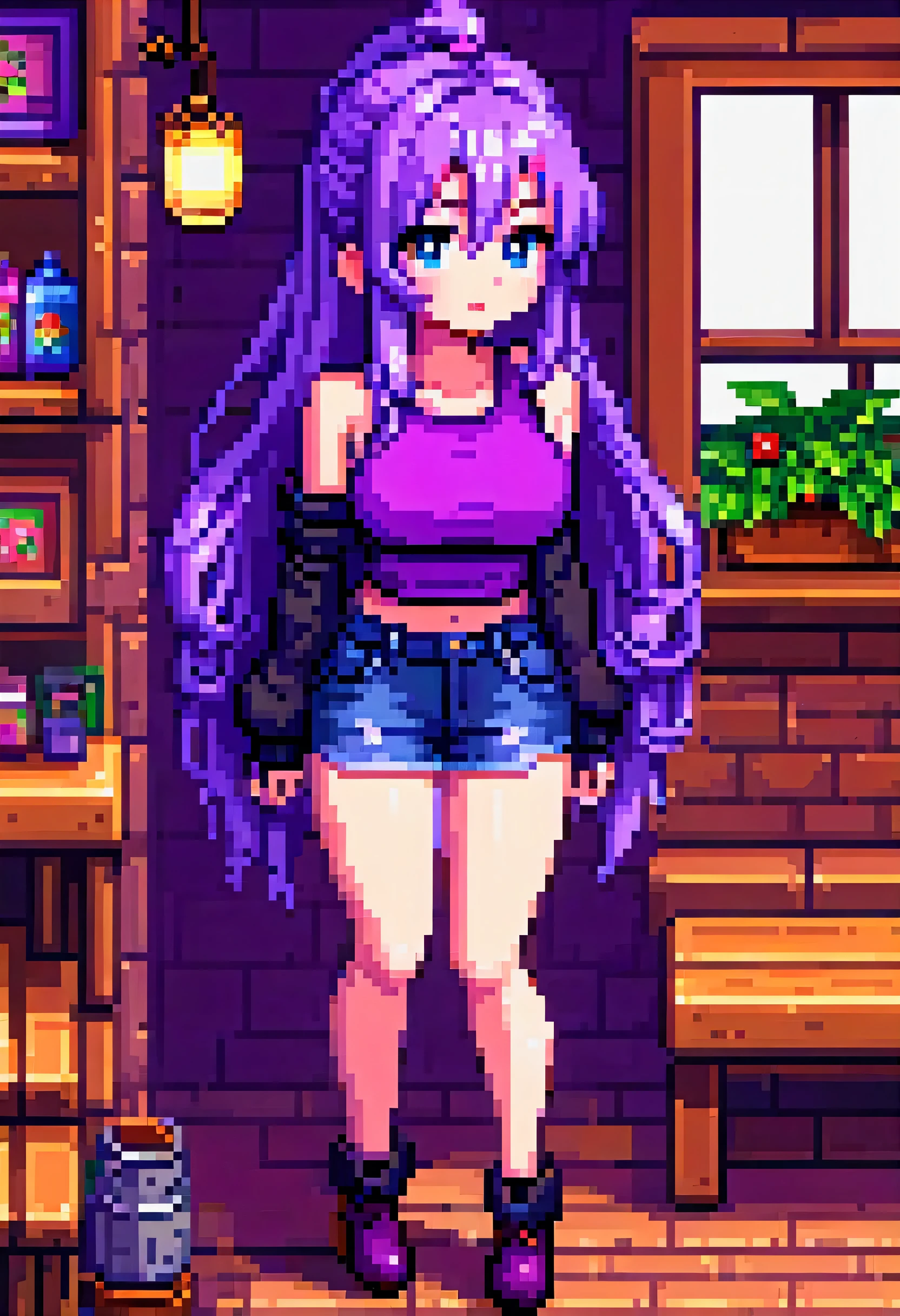 pixel art of a sexy girl with purple hair and purple top and big tits, pixel art by Kanbun Master, trending on deviantart, pixel art, pixel art sprite, 2 d sprite, visual novel sprite, abigail from stardew valley, full body sprite, 1 0 0 0 x 1 0 0 pixel art, pixel art style, sprite 2 d, /r/pixelart