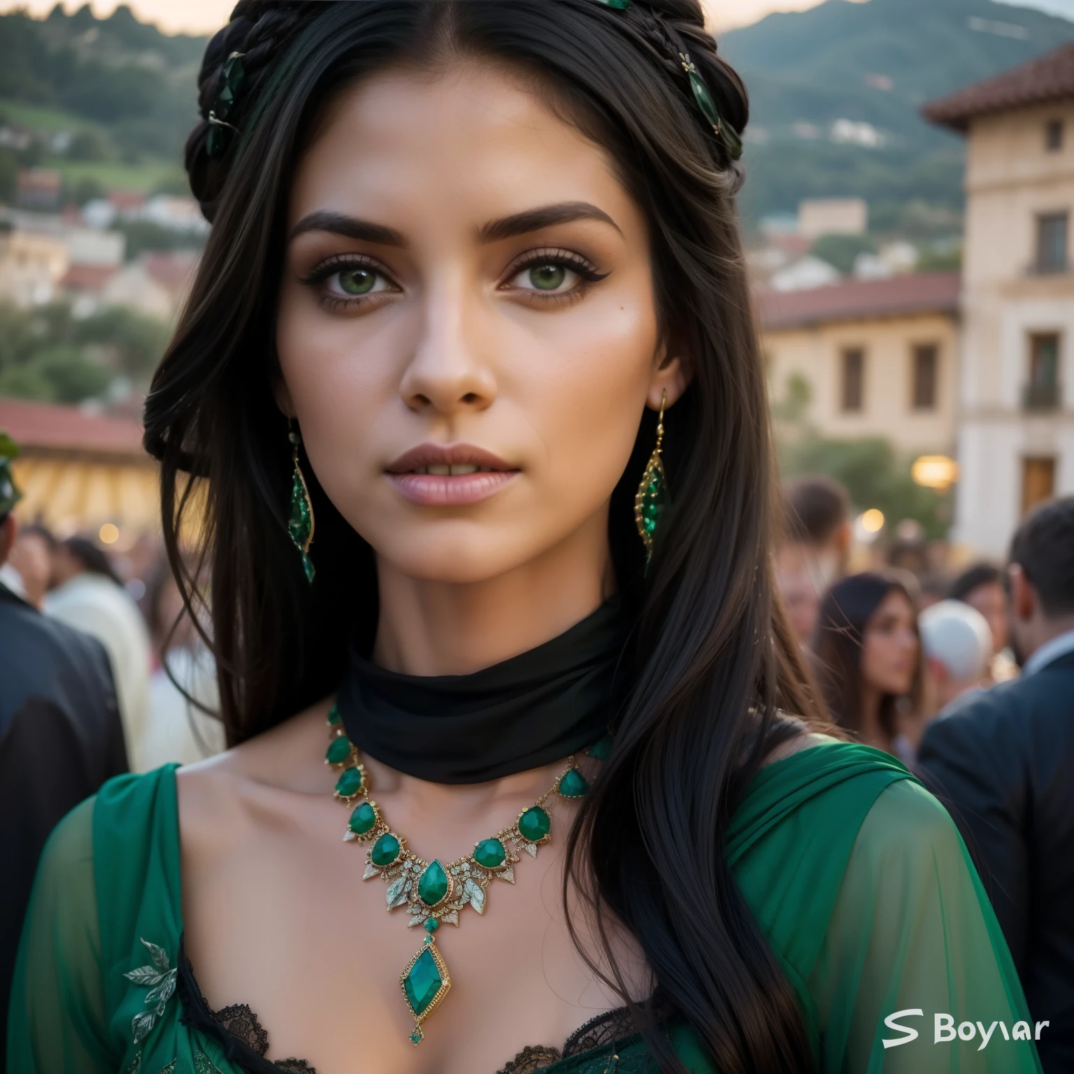 arafa woman in a green dress with jewelry and a crowd of people, very beautiful elven top model, roupas verde-escuras ornamentadas, estilo medieval, Bulgarian style, com deslumbrantes olhos verdes, tiara e colar de esmeraldas, garota sexy com olhos verdes, no art style by bowater, festival de cores ricas, linda mulher, roupas estilo fantasia, beautiful elven princess