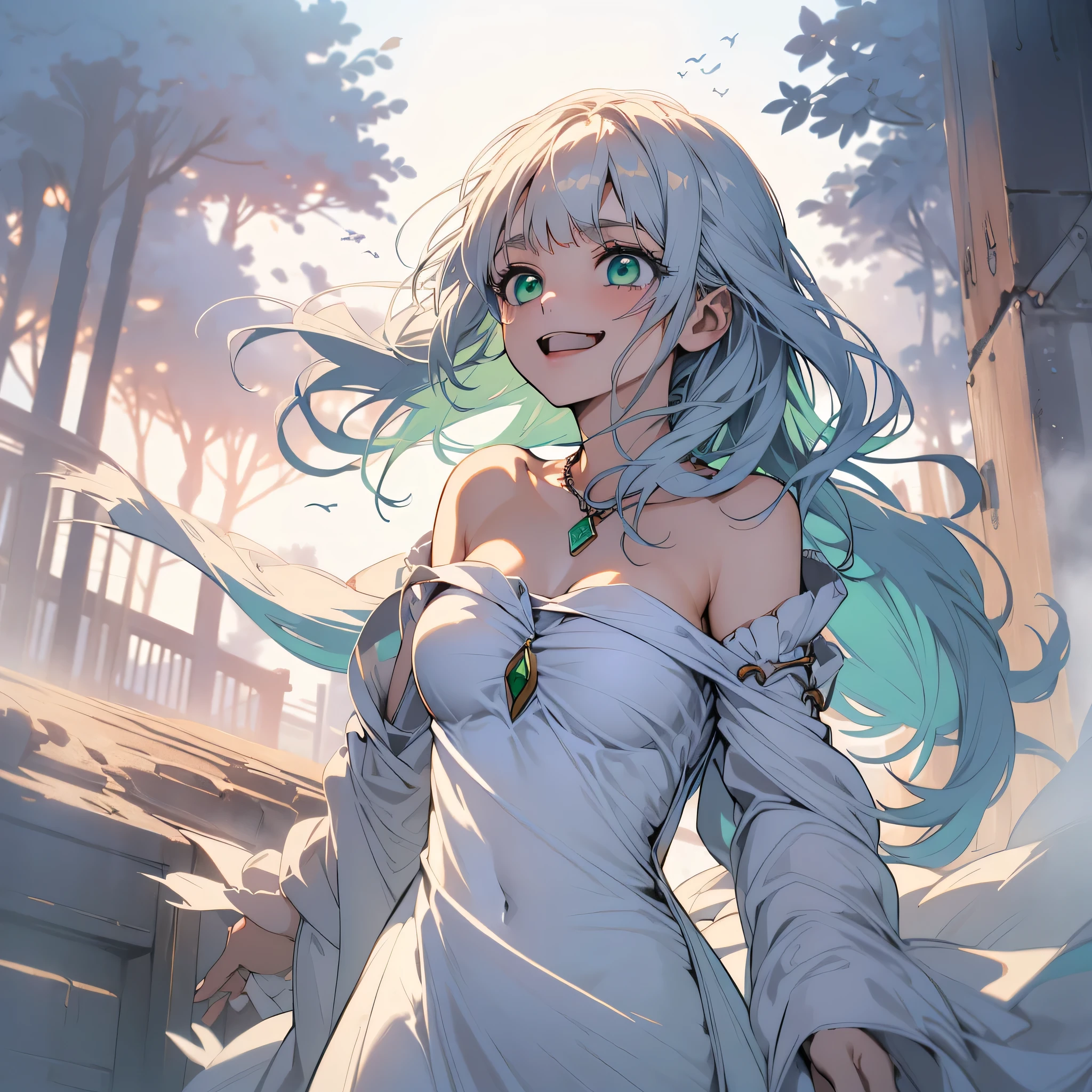 (shiny skin,melancholy look、Super detailed),((1 girl)),(perfect face, detailed face, fine eyes,perfect hands,perfect fingers), (medium breasts:1.2,evil smile:1.4),(mature woman:1.4),cowboy shot,thick,throw, (from below:1.4),short hair, Straight HARE,((白のone piece))、one piece、((8k wallpaper)),bare chest,cleavage, window,chest comes out,transparent clothes、(((white background:1.5)))、Put your arms behind your back、EMPosing for a bust size、(A gust of wind blowing from beneath your feet:1.2)、((Make sure nothing is visible except the person))、((Black long lace)),index, (green eyes:1.5), ((White hair)), long hair, habit