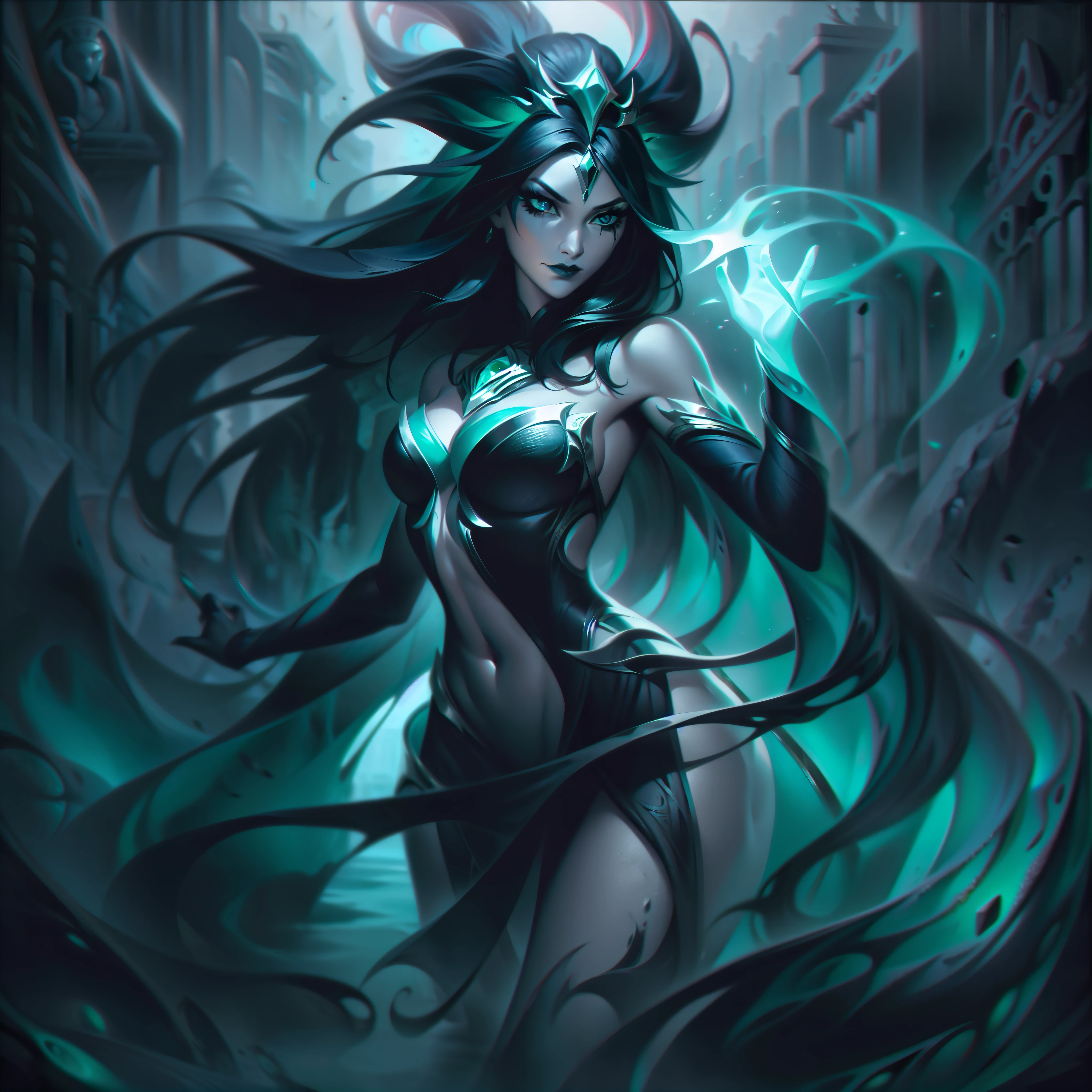 Katarina from League of Legends, is depicted in her splashart amidst a mysterious and dark environment, representing her deep connection to chaos. The scene unfolds in an ancient temple, where eroded stone pillars and twisted algae intertwine around it. She is an elegant and enigmatic figure, with long black hair flowing like water currents around her body. Her skin is pale, almost translucent, and has a subtle glow, reflecting the luminescence of chaos. She is dressed in a belly dancer and partically nude. She is surrounded by black, churning smone that rise around it, looking almost alive. Her eyes are deep and mesmerizing, a dark blue hue that seems to absorb light. They glow with a sinister aura, conveying the dark and mysterious essence of her. Her expression is serene, but at the same time carries an air of defiance, revealing his ambiguous and controlling personality. In the background of the splashart, you can see ancient statues submerged, covered in moss and enigmatic aquatic symbols. The color palette is dominated by deep shades of green and black, with the water of chaos radiating a mysterious luminosity. Details in purple and dark green stand out, adding a dark and sinister atmosphere, splashart, body lines, vibrant colors, exquisite details, cinematic, artstation, detailed face, detailed eyes, goth makeup, black lipstick, black eyeliner, huge butt facing the camera, by rossdraws, by Kienan Lafferty