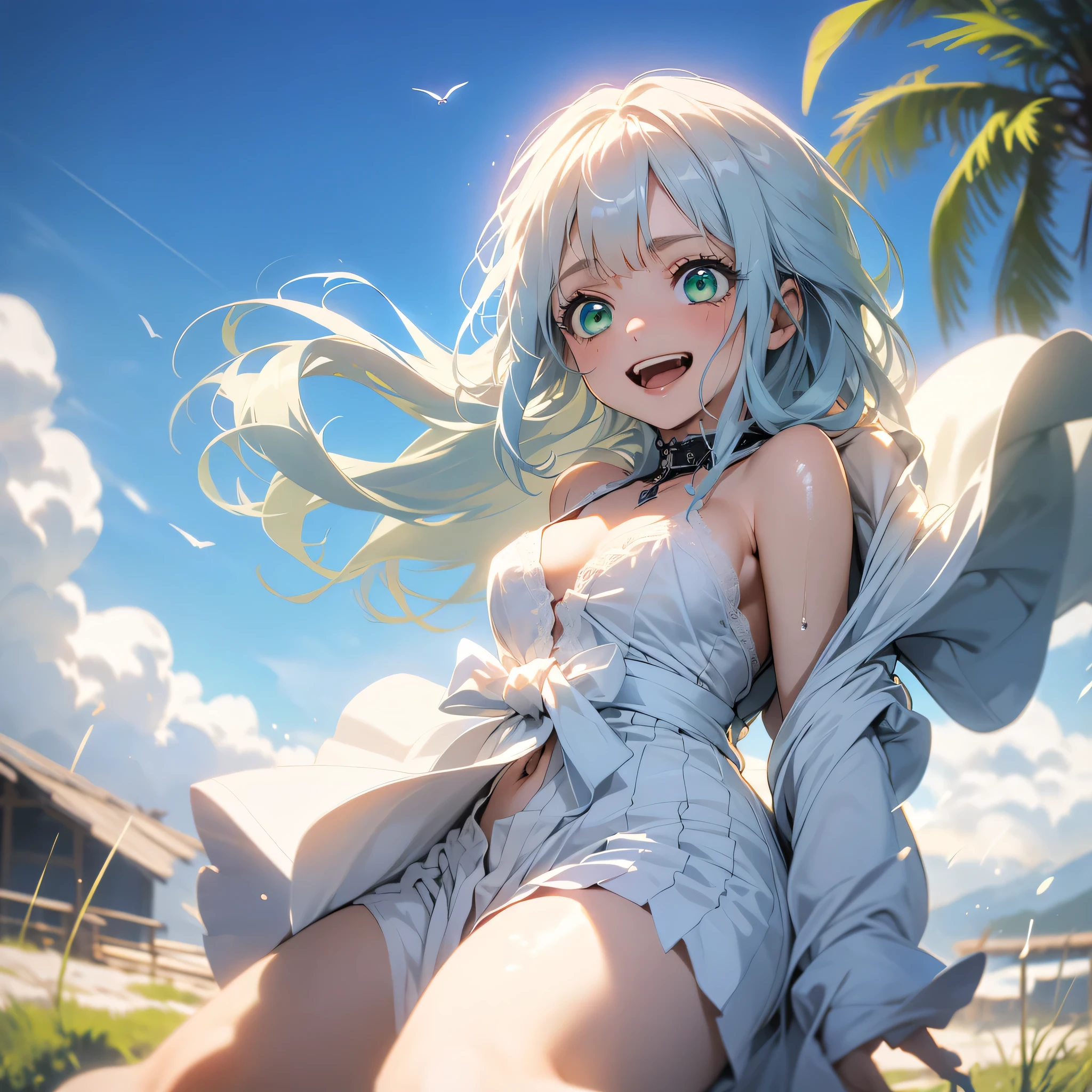 (shiny skin,melancholy look、Super detailed),((1 girl)),(perfect face, detailed face, fine eyes,perfect hands,perfect fingers), (medium :1.2,evil smile:1.4),(mature 1.4),cowboy shot,thick,throw, (from below:1.4),short hair, Straight HARE,((白のone piece))、one piece、((8k wallpaper)),bare chest,cleavage, wint comes out,transparent clothes、(((white background:1.5)))、Put your arms behind your back、EMPosing for a bust size、(A gust of wind blowing from beneath your feet:1.2)、((Make sure nothing is visible except the person))、((Black long lace)),index, (green eyes:1.5), ((White hair)), long hair, habit