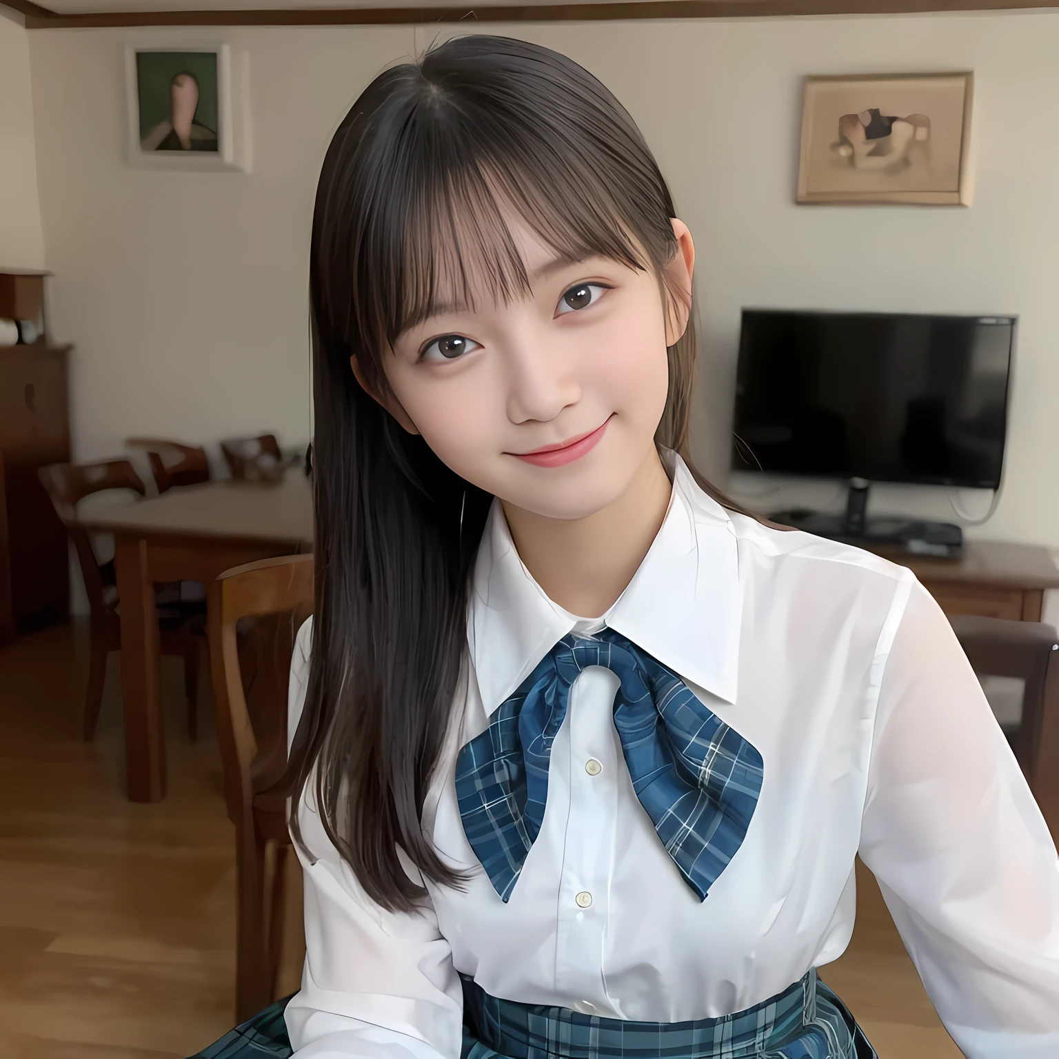 (highest quality、masterpiece:1.2)、highest quality、realistic、photograph、High resolution、1080p、8K、Pale, rough skin、The face is especially pale., physical rendering、((Height: 155cm)), one Japanese girl、A siren who looks like a Japanese junior high school student sitting in a music room、cute japanese girl, 14 years old, , (((big very detailed beautiful dark brown eyes))), ((blue girly large wine-red glossy polyester Japanese school ribbon bow tie)), ((((very beautiful cute ponytail)))), ((((deep blue colored tartan checkered formal long pleated pleated skirt)))), ((A formal dark blue blazer that is slightly oversized and has an emblem on the left chest.)), (((Looking at the viewers with loving eyes, smiling))), ((((((Very happy)))))), mouth is open, The big skirt is very cute, detailed fingers, Slender body, ((curled bangs)), so beautiful, long eyelashes, ((Very big and very very very cute eyes of a Japanese girl)), ((large pupils)), double eyelids, The entire skirt is photographed, Very cute face, thin eyebrows, ((drooping eyes)), ((long eyelashes)), ((cute lovely lovely laughing laughing cheeks)), ((The pure white light hits her face from the front, making her skin and eyes shine beautifully.)), (((((Very neat and so beautiful))))), shot from the side, ((idol face)), ((The sun is shining on my cheeks))