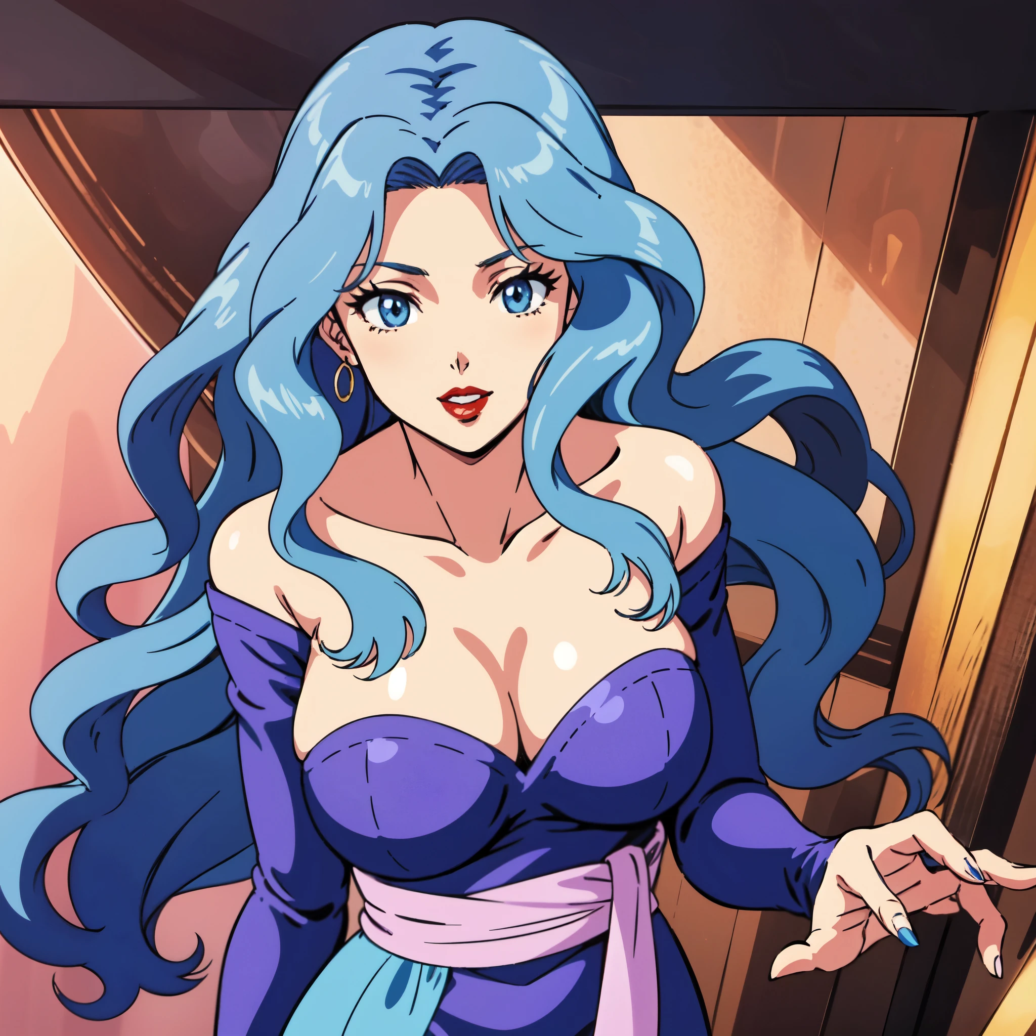 masterpiece、highest quality、anime woman、solo、looking at the viewer、laugh at、long hair、Light blue hair、eyelash、lipstick、blue eyes、wavy hair、big breasts、woman with very large breasts、collarbone、Purple bodysuit、off shoulder、long sleeve、Pink sash、