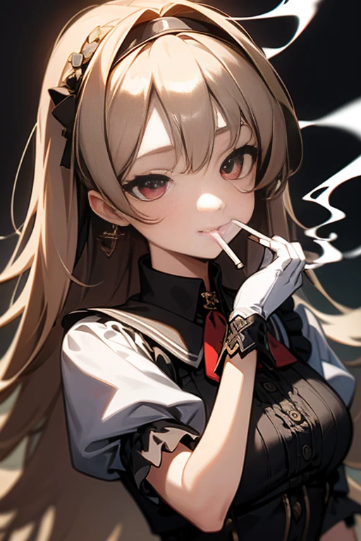 Youghal, side lock, hair ornaments, hair band, red eyes, light smile, big , Revimpling fabric, earrings, Hand gloves, detailed face,smoking,brunette hair,detailed and beautiful eyes,beautiful detailed lips,Rolling her eyes,manner,nice,garden background,artistic rendering,Super detailed,(highest quality,4k,8K,High resolution,masterpiece:1.2),Bright colors,studio lighting