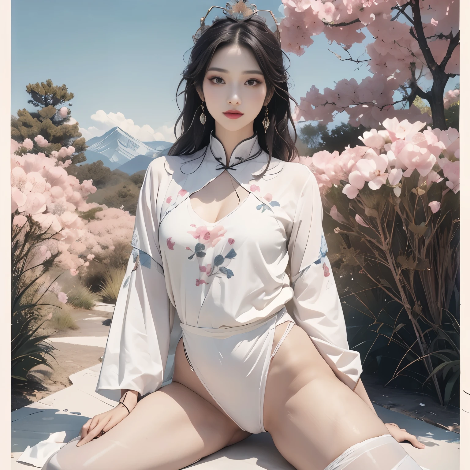 Blue sky and white clouds，Clouds and mountains in the distance、tower and many people，pink flowers，Cherry tree，Hanfu woman,Phoenix Crown Tiara、Detailed embroidery、穿Hanfu裤袜、Hanfu、穿着长袖Hanfu、Transparent and clearly visible、Look and、Bare oversized breasts、raw,(8K、top quality、masterpiece:1.8)、(intricate details:1.8)、(Realism:1.8)、Octane number renderings、Complex 3D renderings with ultra-details, Studio soft light, edge light, Vibrant details, Ultra-detailed, Realistic skin texture, Details, beautiful eyes, Very detailed CG Unity 16k wallpaper, cosmetics, (Detailed background:2.0), clear fingers，beautiful fingers，skin glowing、spread your legs，Camel toe showing thigh!!!、