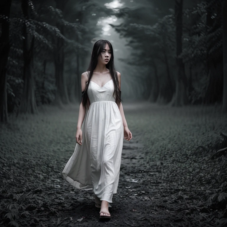 asian girl , wearing white long dress , long messy hair ,,  walking through the forest , gloomy background , smokey ground ,, bats flying around , dark vibes , 