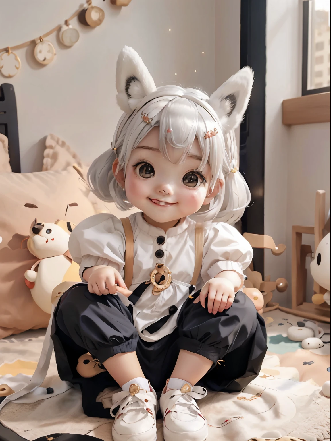 A girl with striking white hair、Fox ears and tail、hair ornaments、black pantyhose、No sleeve、smile、Cute shoes with accessories、