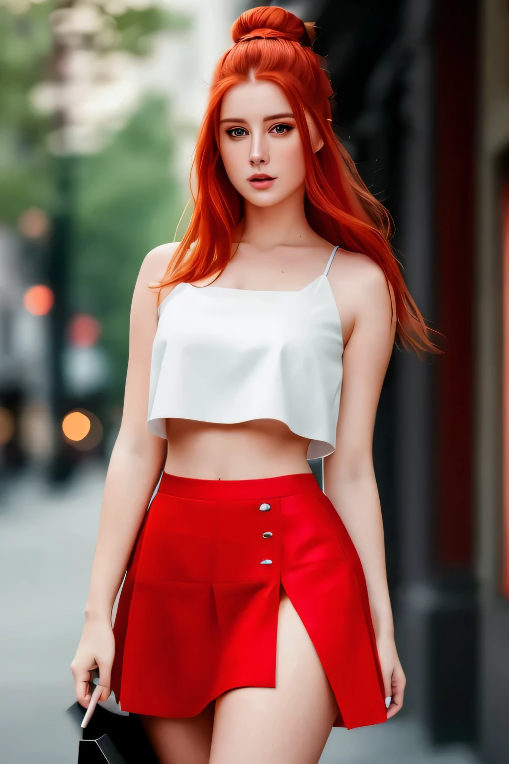 portrait photo of LenkaRegalova beautiful woman, red hair, topknot, shopping, white crop top, skirt (masterpiece) (best quality) (detailed) (8k) (HDR) (wallpaper) (cinematic lighting) (sharp focus) (intricate)