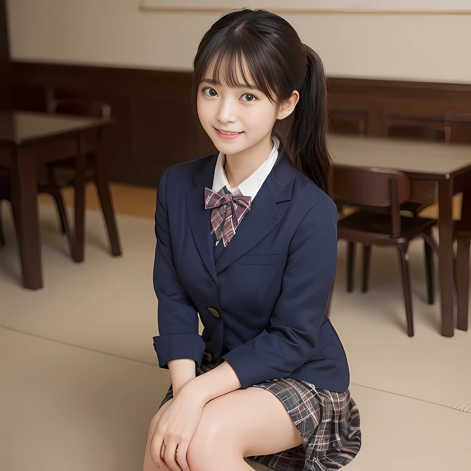 (highest quality、masterpiece:1.2)、highest quality、realistic、photograph、High resolution、1080p、8K、Pale, rough skin、The face is especially pale., physical rendering、((Height: 155cm)), one Japanese girl、A siren who looks like a Japanese junior high school student sitting in a music room、cute japanese girl, , , (((big very detailed beautiful dark brown eyes))), ((blue girly large wine-red glossy polyester Japanese school ribbon bow tie)), ((((very beautiful cute ponytail)))), ((((deep blue colored tartan checkered formal long pleated pleated skirt)))), ((A formal dark blue blazer that is slightly oversized and has an emblem on the left chest.)), (((Looking at the viewers with loving eyes, smiling))), ((((((Very happy)))))), mouth is open, The big skirt is very cute, detailed fingers, Slender body, ((curled bangs)), so beautiful, long eyelashes, ((Very big and very very very cute eyes of a Japanese girl)), ((large pupils)), double eyelids, The entire skirt is photographed, Very cute face, thin eyebrows, ((drooping eyes)), ((long eyelashes)), ((cute lovely lovely laughing laughing cheeks)), ((The pure white light hits her face from the front, making her skin and eyes shine beautifully.)), (((((Very neat and so beautiful))))), shot from the side, ((idol face)), ((The sun is shining on my cheeks))