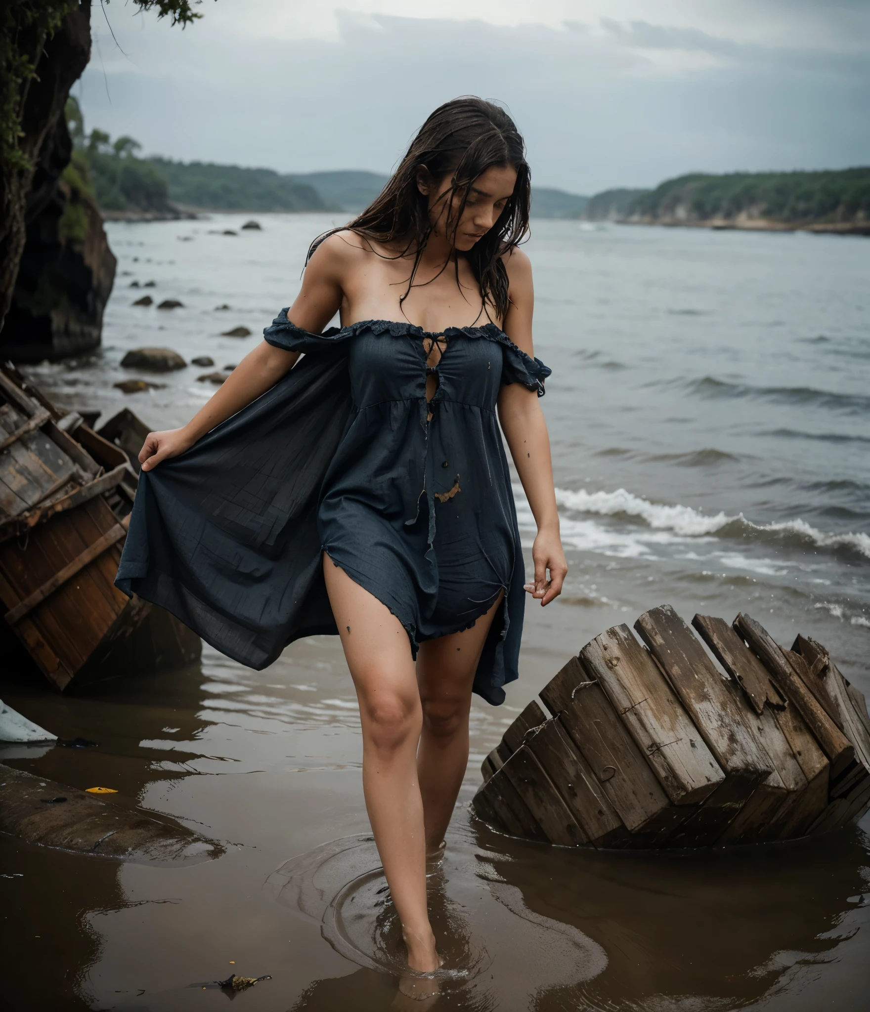 reference sheet: 1.8, great details, high quality, masterful work, a beautiful girl walks along the surface of the water at dusk, gloomy atmosphere, wet dress, gloomy background, River, stones, Dry trees, girl in a wet dress, Barefoot, bare legs, got lost, girl in search, in a torn dress, torn clothes, torn fabric, pieces of cloth, came ashore after a shipwreck, shipwrecks float in the distance, wounds and abrasions on the body, walks and limps, in search of accommodation and food, a seriously wounded girl in scraps of dress and torn fabric, holds the wet hem of her dress with one hand, wounded body, seriously wounded girl can barely walk