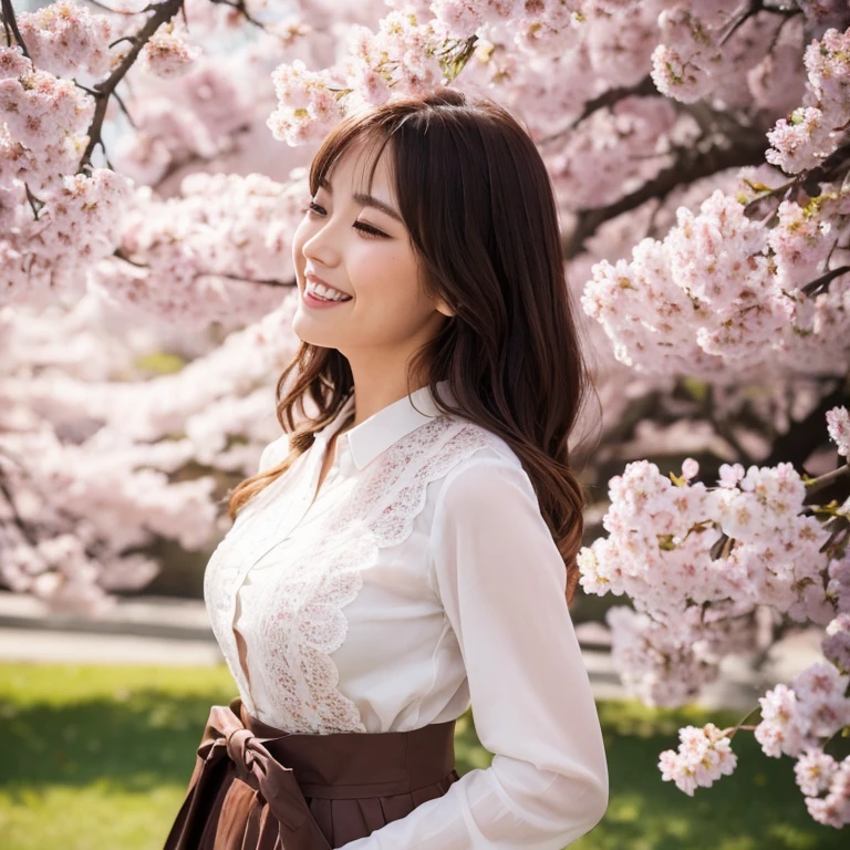The eyes of a young and beautiful Japanese woman in the sex industry smiling while looking at the cherry blossoms in full bloom. Focal length 100mmf/2.8, spring daytime, sunny, park with cherry blossoms in full bloom and lawn, well-shaped face, long hair, profile, toned body, peach-colored blouse with lace decoration, and muted brown color. Skirts, transparent skin, close-up eyes, realistic feeling, 8K image quality, highest quality.