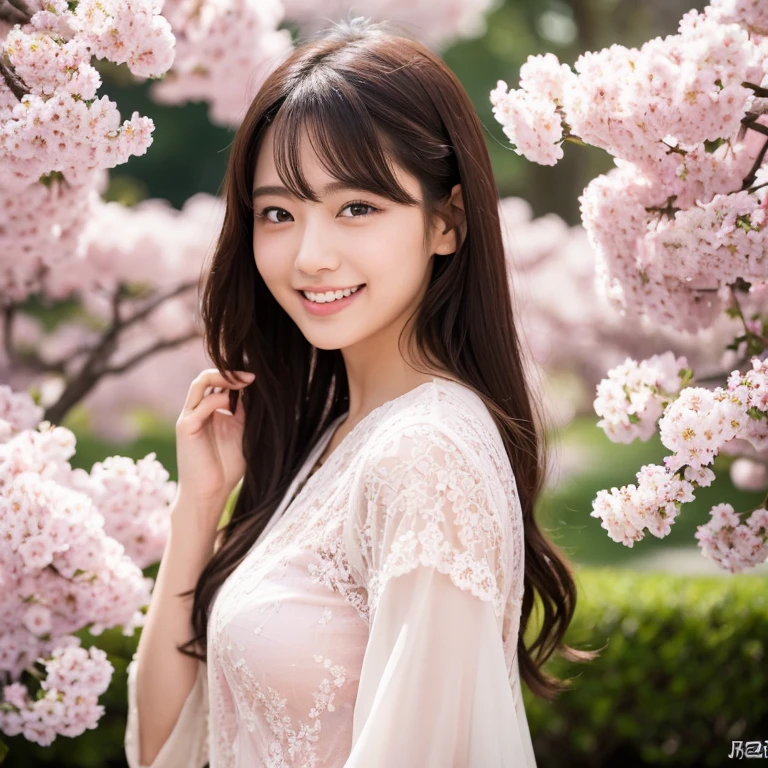 The eyes of a young and beautiful Japanese woman in the sex industry smiling while looking at the cherry blossoms in full bloom. Focal length 100mmf/2.8, spring daytime, sunny, park with cherry blossoms in full bloom and lawn, well-shaped face, long hair, profile, toned body, peach-colored blouse with lace decoration, and muted brown color. Skirts, transparent skin, close-up eyes, realistic feeling, 8K image quality, highest quality.