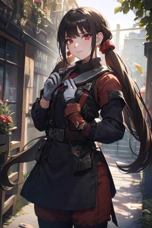 Youghal, side lock, hair ornaments, hair band, red eyes, light smile, big , Revimpling fabric, earrings, Hand gloves, detailed face,smoking,brunette hair,detailed and beautiful eyes,beautiful detailed lips,Rolling her eyes,manner,nice,garden background,artistic rendering,Super detailed,(highest quality,4k,8K,High resolution,masterpiece:1.2),Bright colors,studio lighting